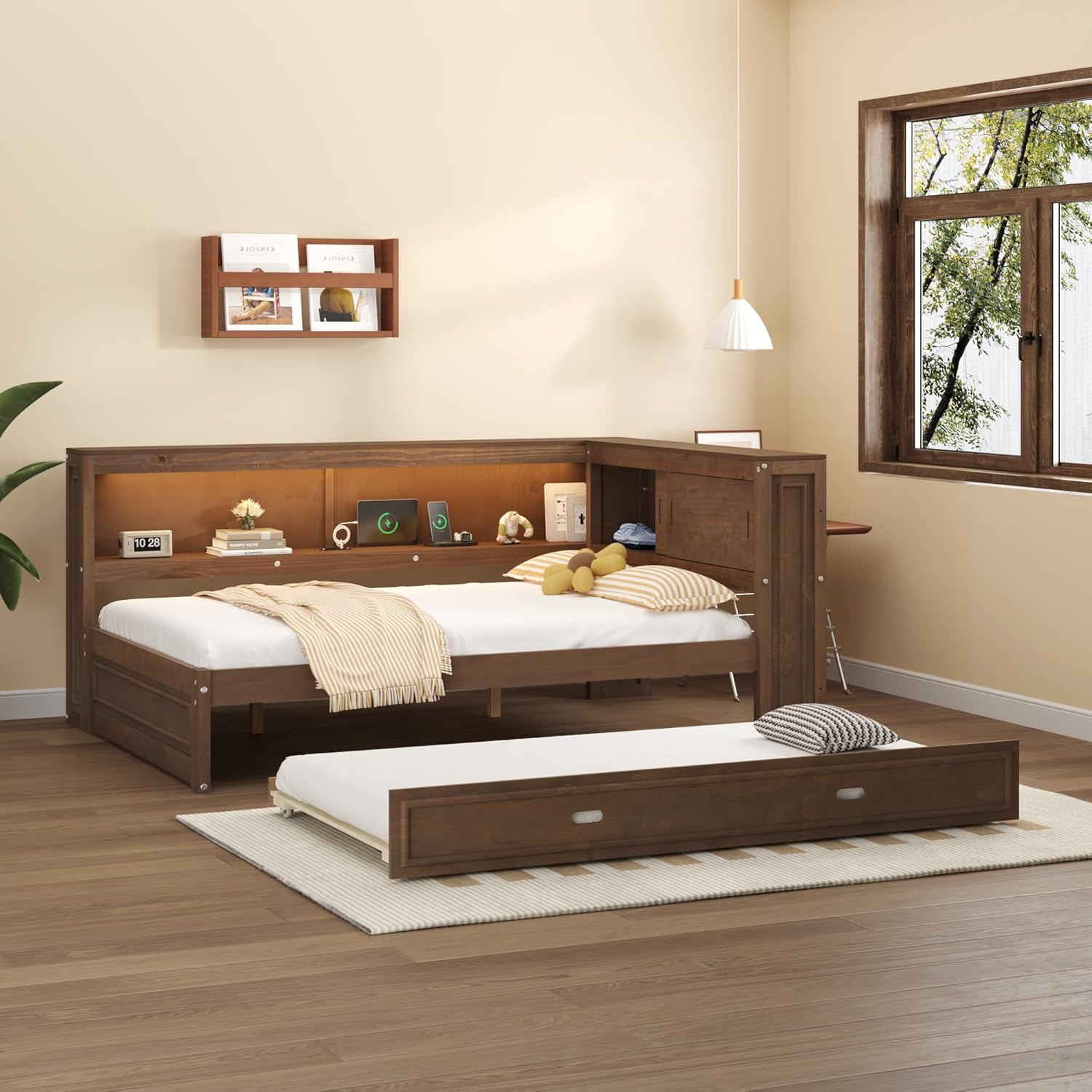 Modern Full Size Daybed with Storage Shelves and Bookcase, L Shape Corner Bed with LED Lights & USB Ports, Full Wood Daybed with Trundle for Kids Teens Adults (Antique Wood-Q28)