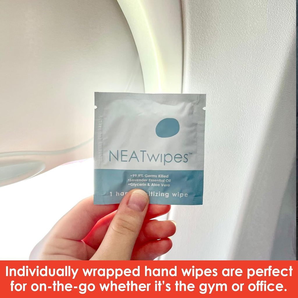 NEATwipes Hand Sanitizing Wipes | Travel Essentials | Disposable Wet Wipe & Planet Friendly | Lavender Essential Oil & Soothing Aloe | 10 Pouches of 24 Individually Wrapped Wipes