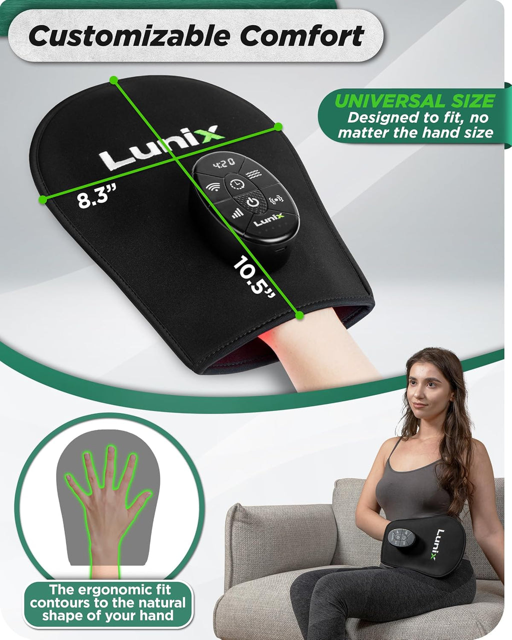 Lunix LX23 Red Light Therapy for Hand, 50 Triple Chips LED 850 and 660nm, Infrared Therapy for Circulation & Joint Support with Vibration, Portable, Rechargeable, Adjustable Intensity