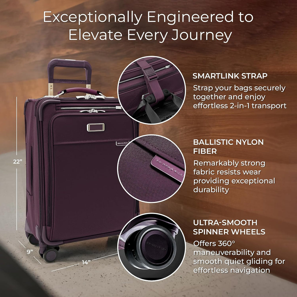 Briggs & Riley Essential 22' Carry On Expandable Spinner - Luggage for Travel, Suitcases with Wheels, Softside Rolling Bag for Men & Women, Self-Repairing Zipper - Baseline Collection, Plum