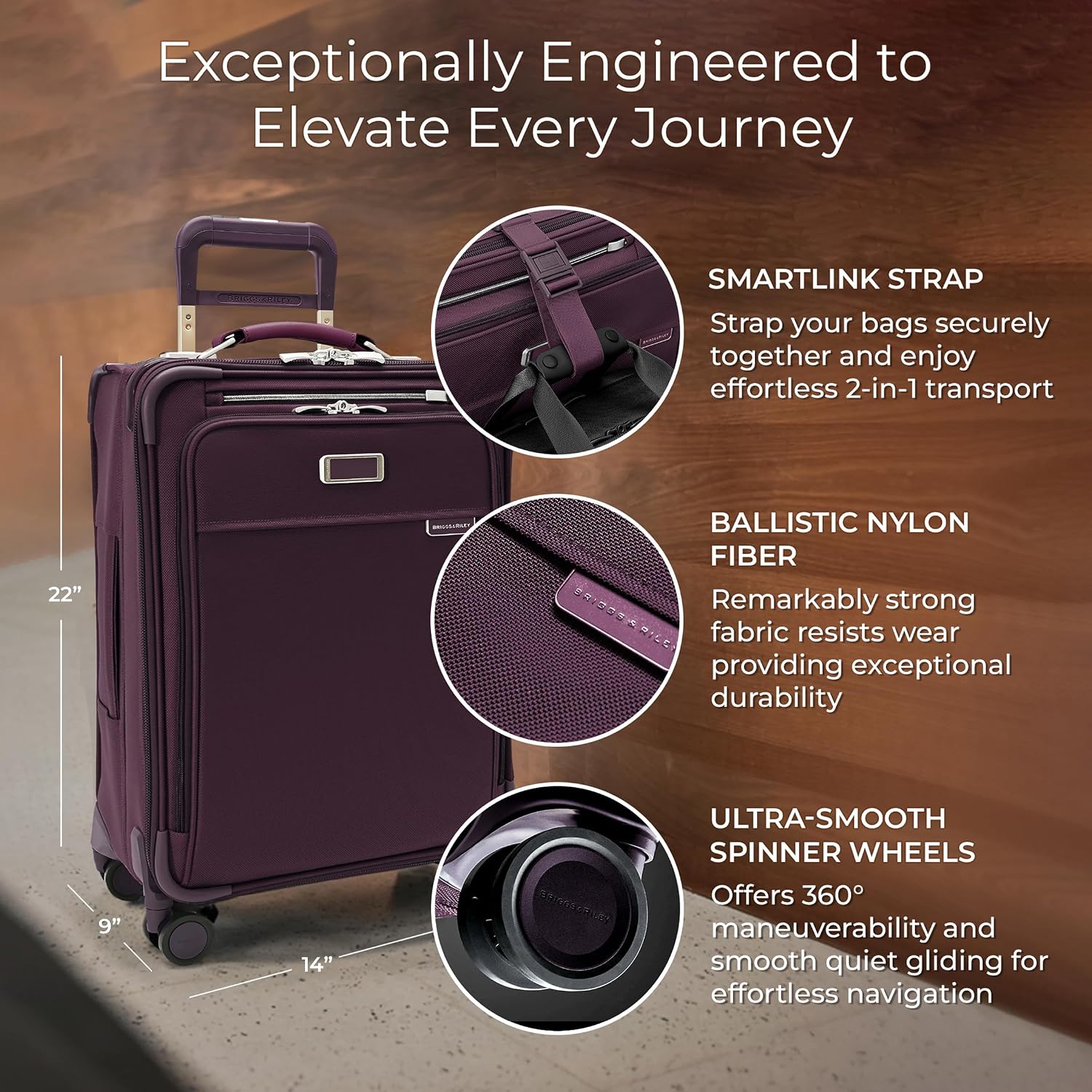 Briggs & Riley Essential 22' Carry On Expandable Spinner - Luggage for Travel, Suitcases with Wheels, Softside Rolling Bag for Men & Women, Self-Repairing Zipper - Baseline Collection, Plum