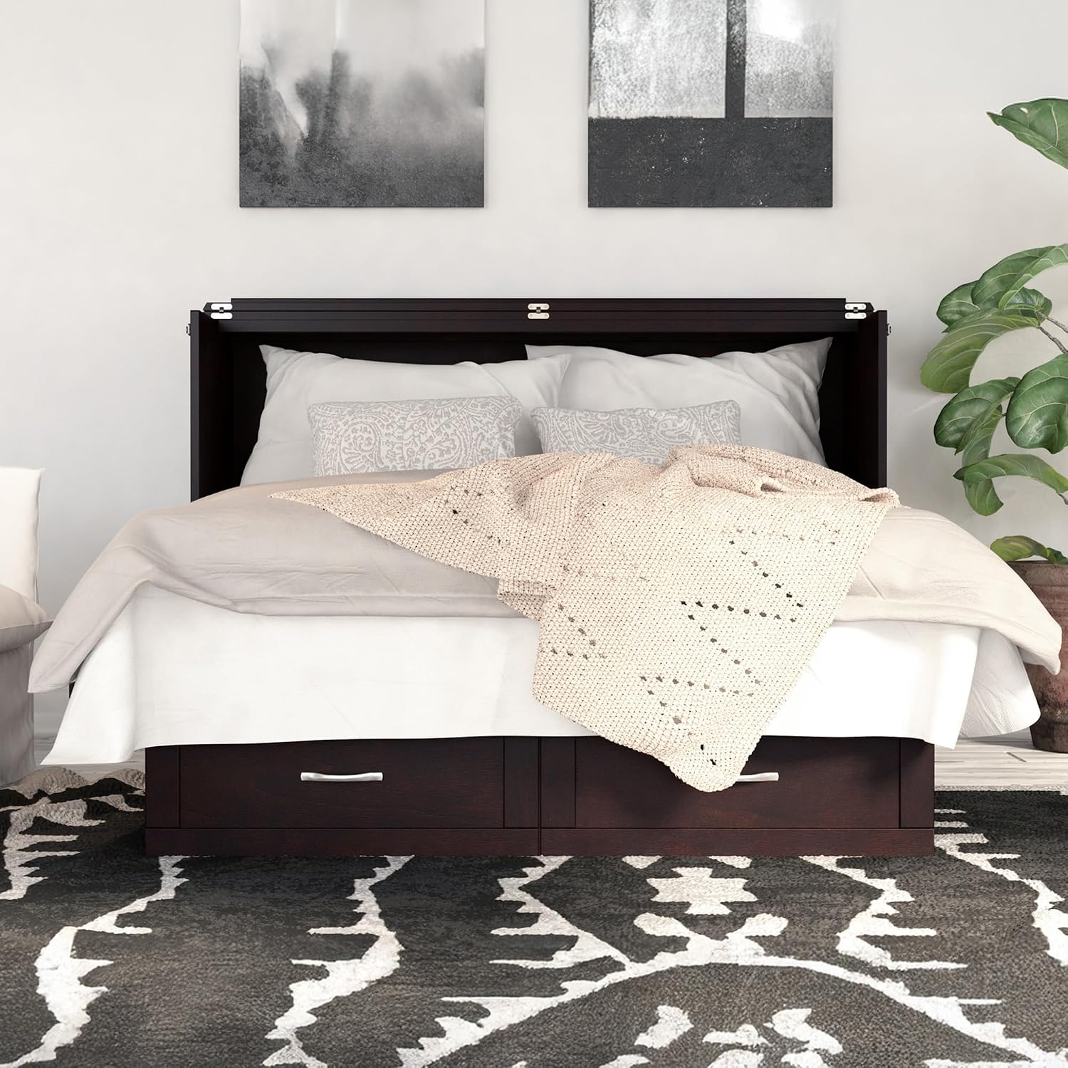 AFI, Monroe Queen Murphy Bed Chest with 6' Mattress, Storage Drawer & Built-in USB Charger, Espresso