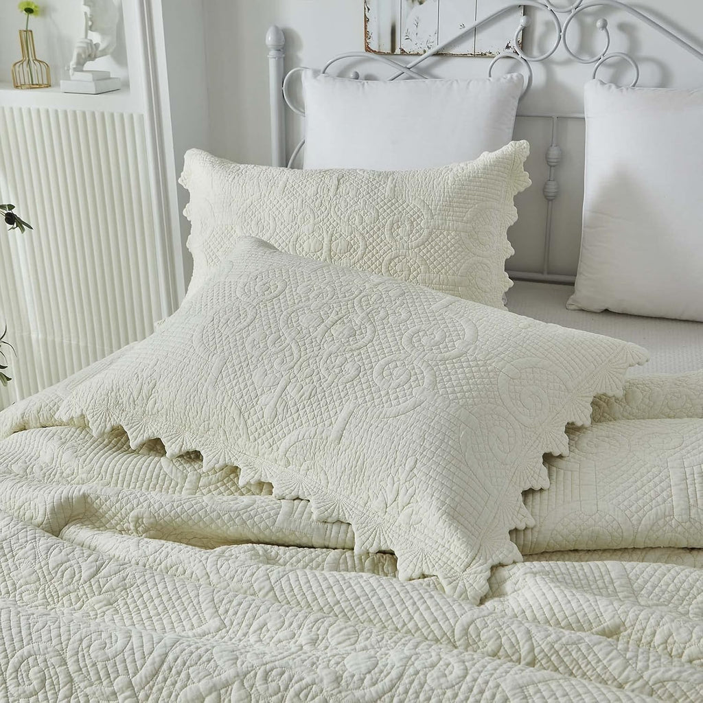 Brandream King Size Quilt Set Cotton Scalloped Quilt Cream Yellow 3 Piece | Real Stitching
