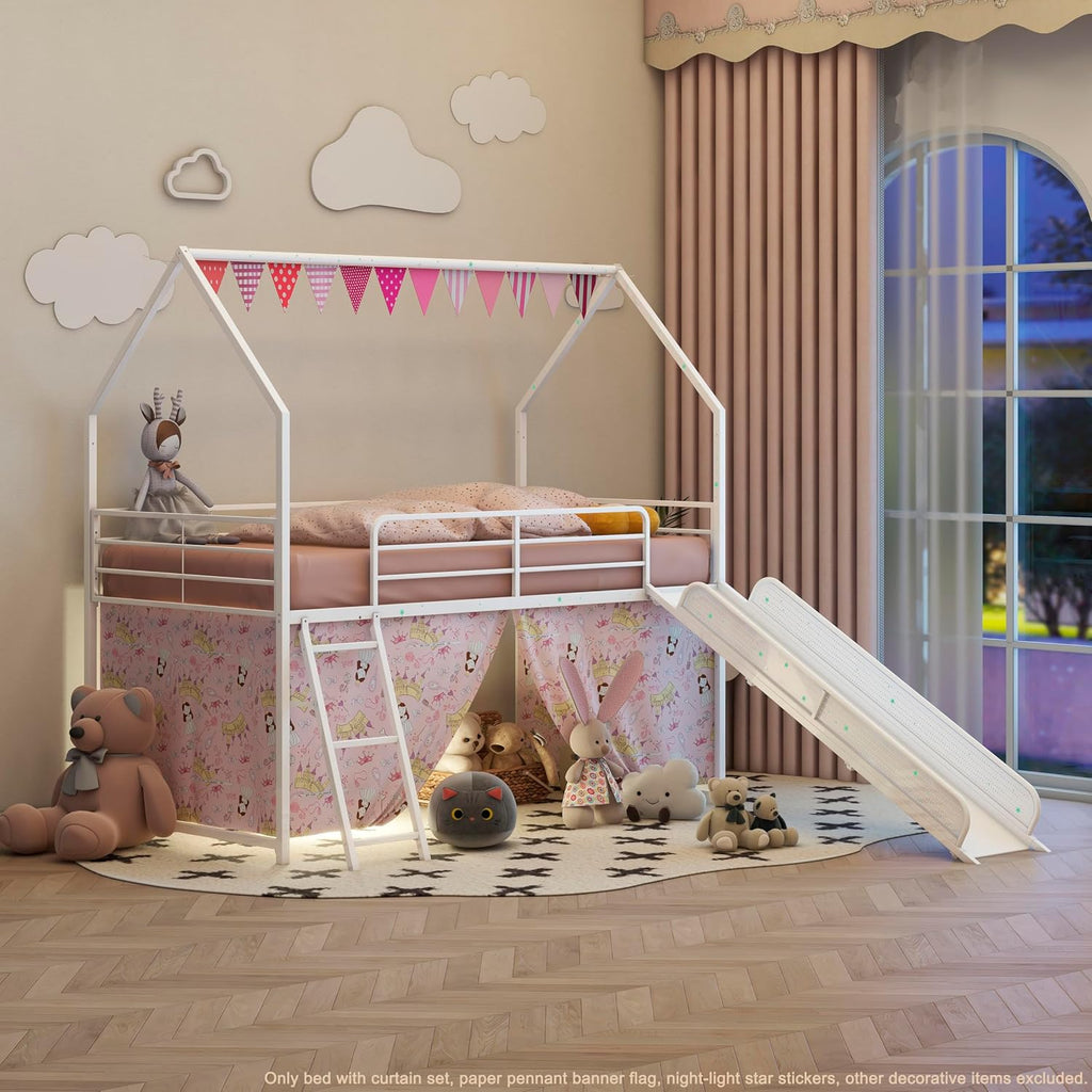 White and Pink Metal Twin Loft Bed with Slide and Curtain Set 76.7' L x 97.8' W x 74.7' H for Kids