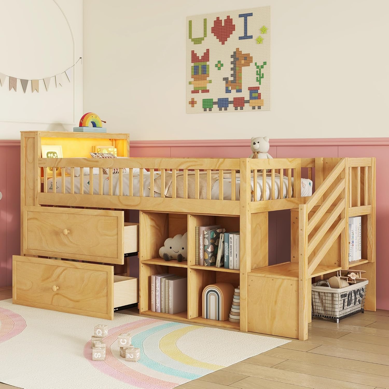 Low Loft Bed with LED Lights and Bookshelf, Wooden Kids Loft Bed with Stairs and Safety Guardrail, Low Loft Bed Twin with 2 Storage Drawers and Shelves for Girls Boys ,No Box Spring Needed, Natural
