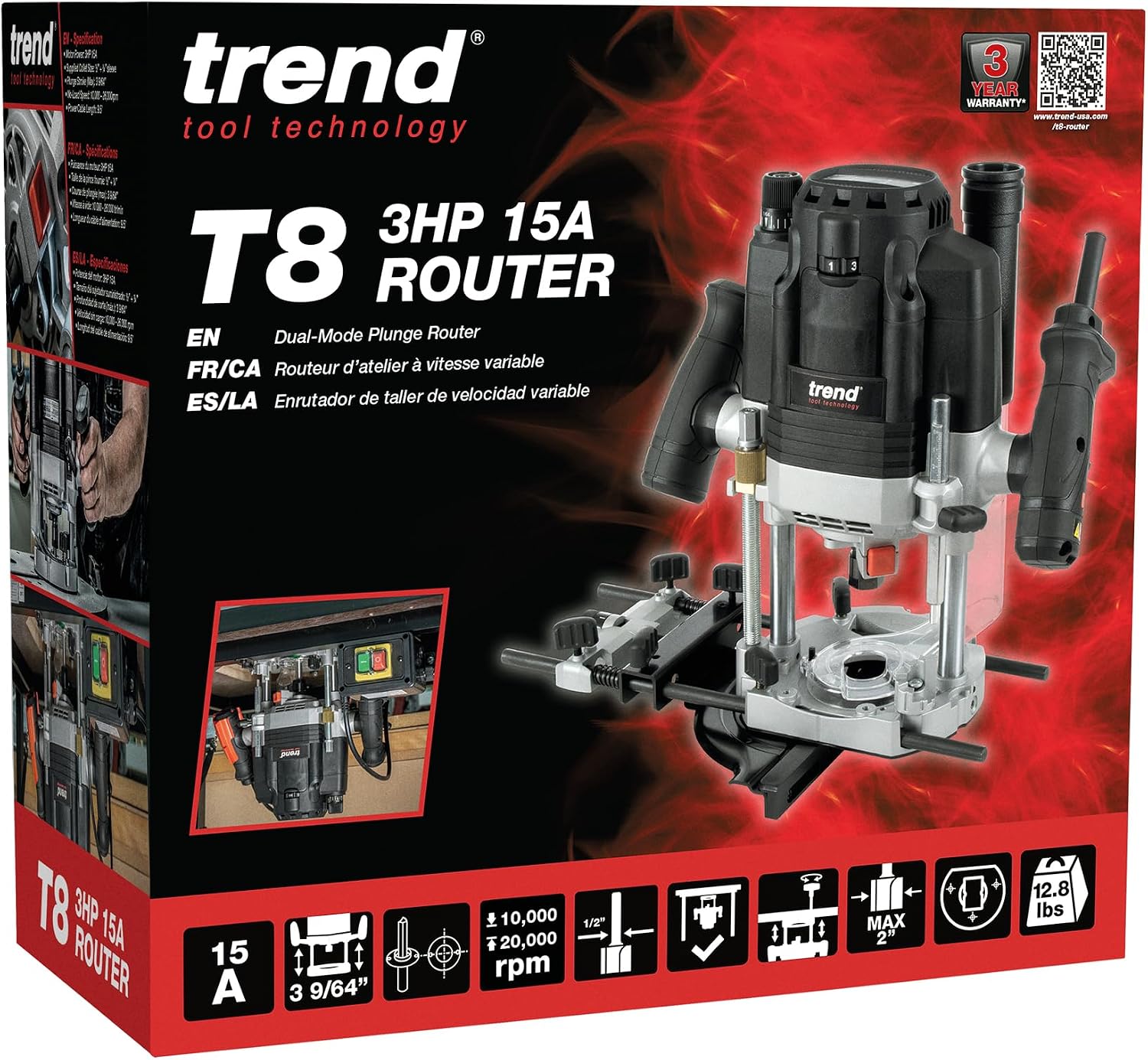 Trend 3-1/4 HP Dual-Mode Plunge Router, 1/2 Inch Collet, 15 Amp, 120V, Variable Speed, Router Table Compatible, U*T8EK