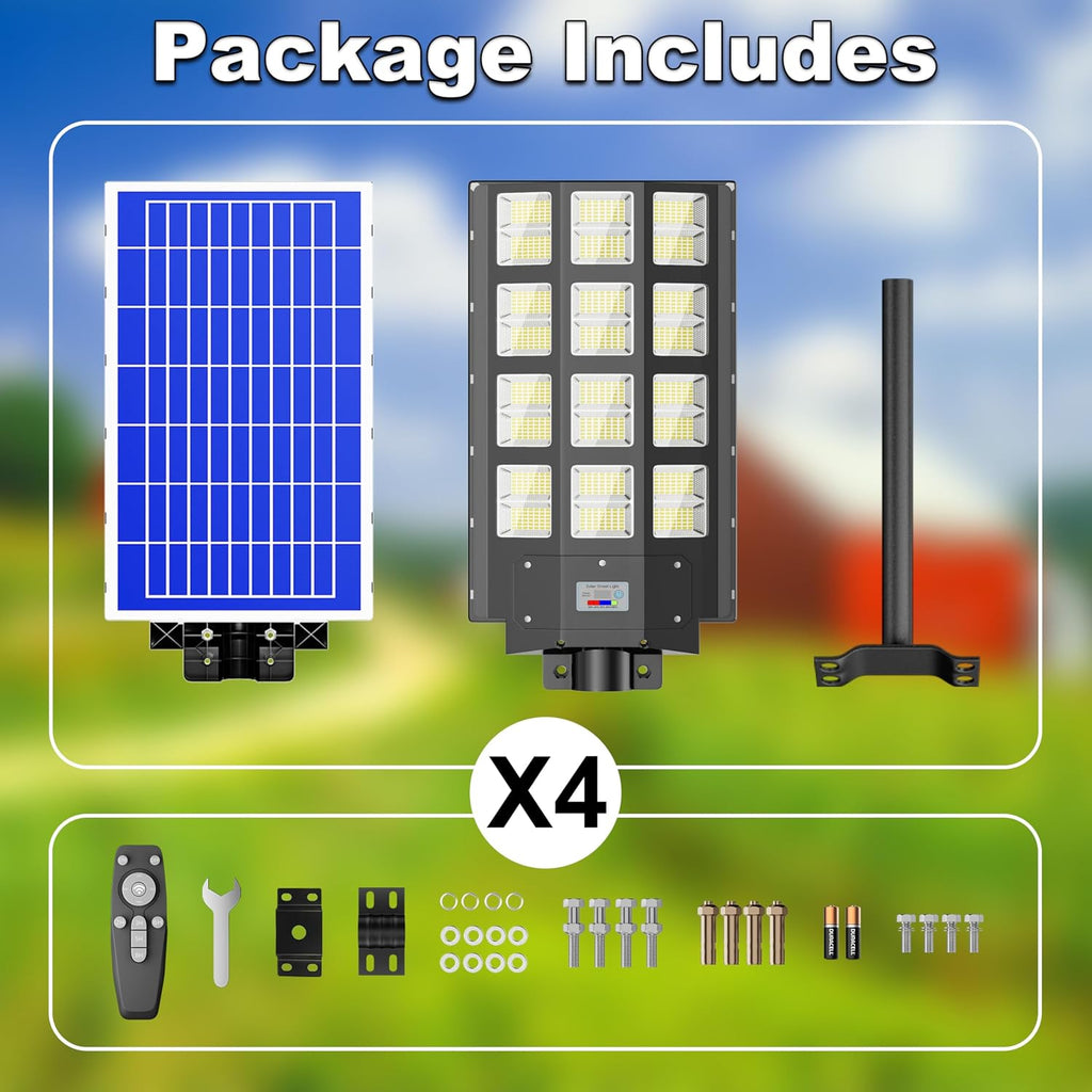 9500W Solar Street Light Outdoor Waterproof IP67 240000 Lumens, Solar Parking Lot Lights Dusk to Dawn Metion Sensor Solar Power Street Light Outside 4-Pack