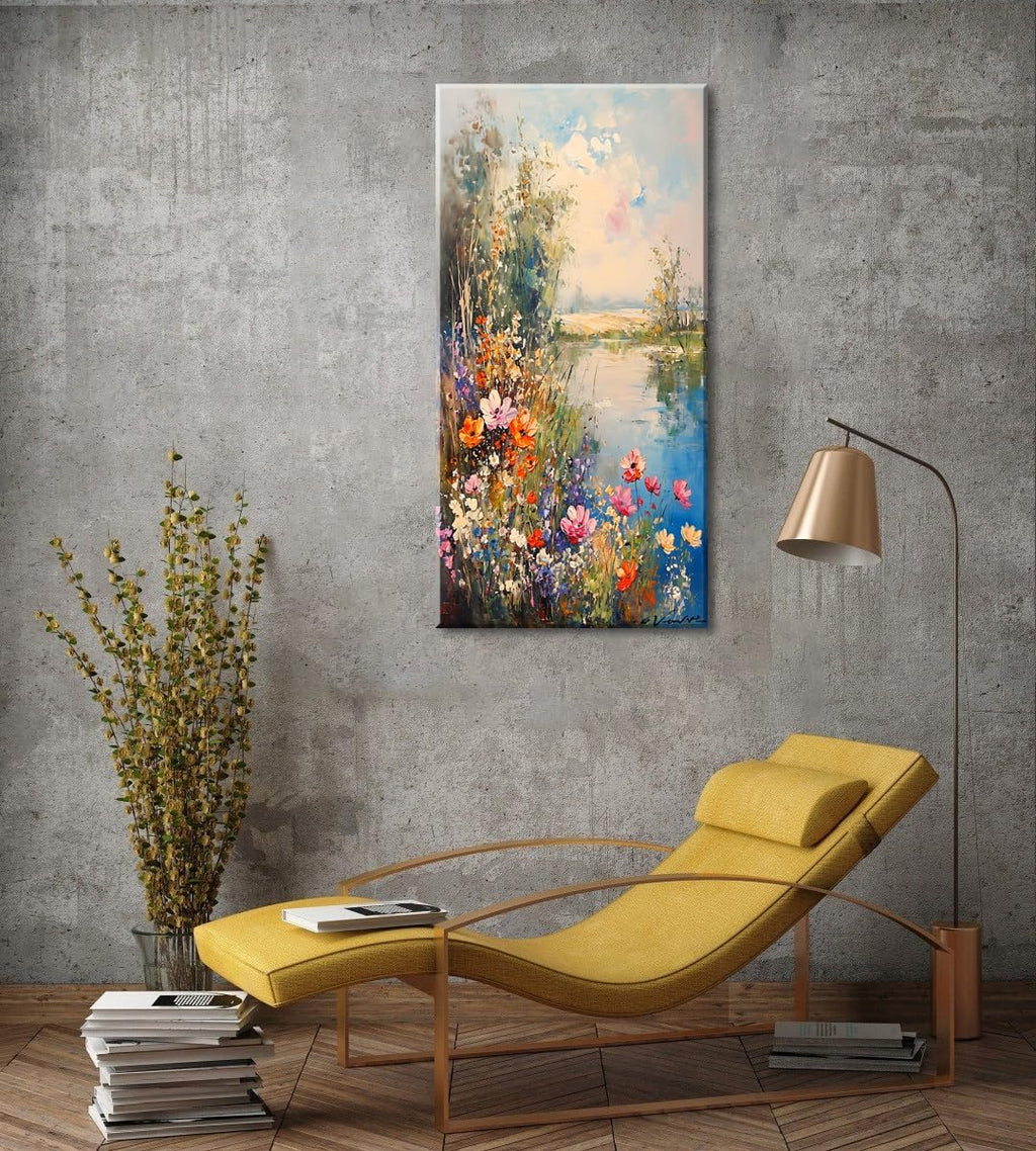 ZOMNAI Vertical Landscape of Vintage Art Painting Colorful Flower on Meadow by Lake Water Wall Art Decor Artwork for Bedroom (30x60 Inches)