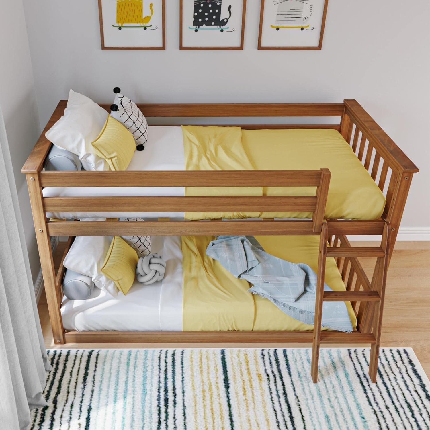 Max & Lily Twin Over Twin Low Bunk Bed with Ladder, Wooden Bunk beds with 14' Safety Guardrail for Kids,Toddlers, Boys, Girls, Teens, Bedroom Furniture, Pecan