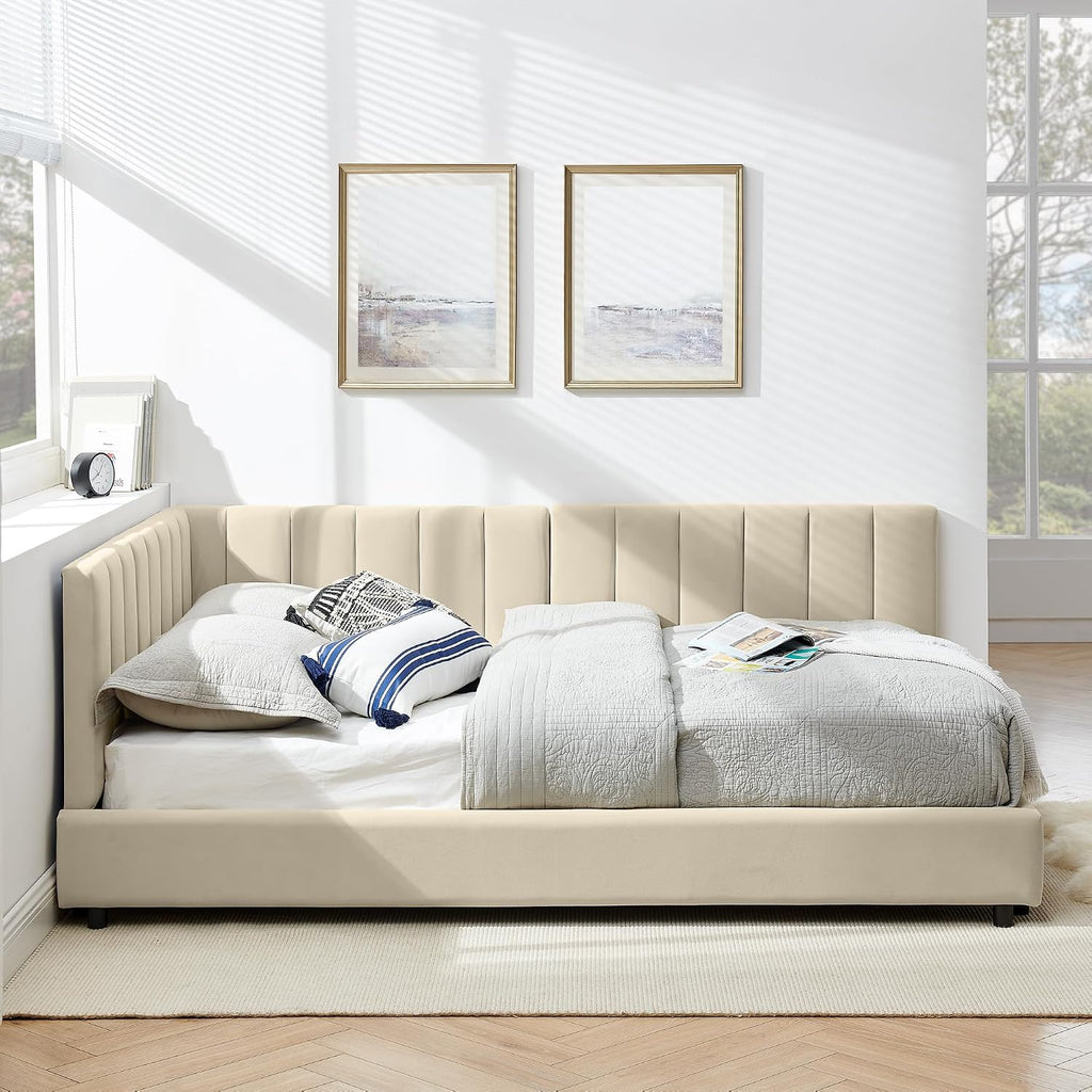 JIJIWANG Full Size L-Shape Corner Bed Frame, Velvet Upholstered Tufted Daybed with Comfortable Backrest and Armrests for Bedroom, Living Room,Beige