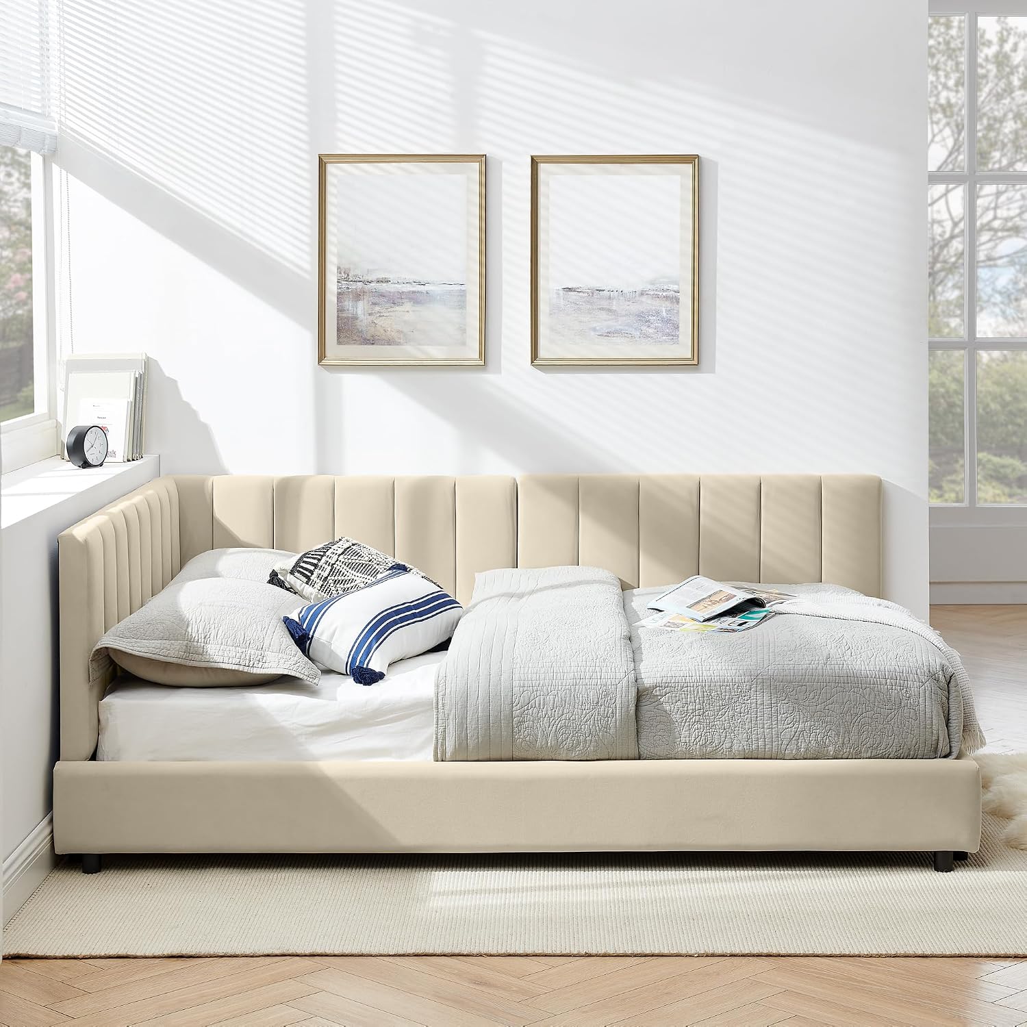 JIJIWANG Full Size L-Shape Corner Bed Frame, Velvet Upholstered Tufted Daybed with Comfortable Backrest and Armrests for Bedroom, Living Room,Beige