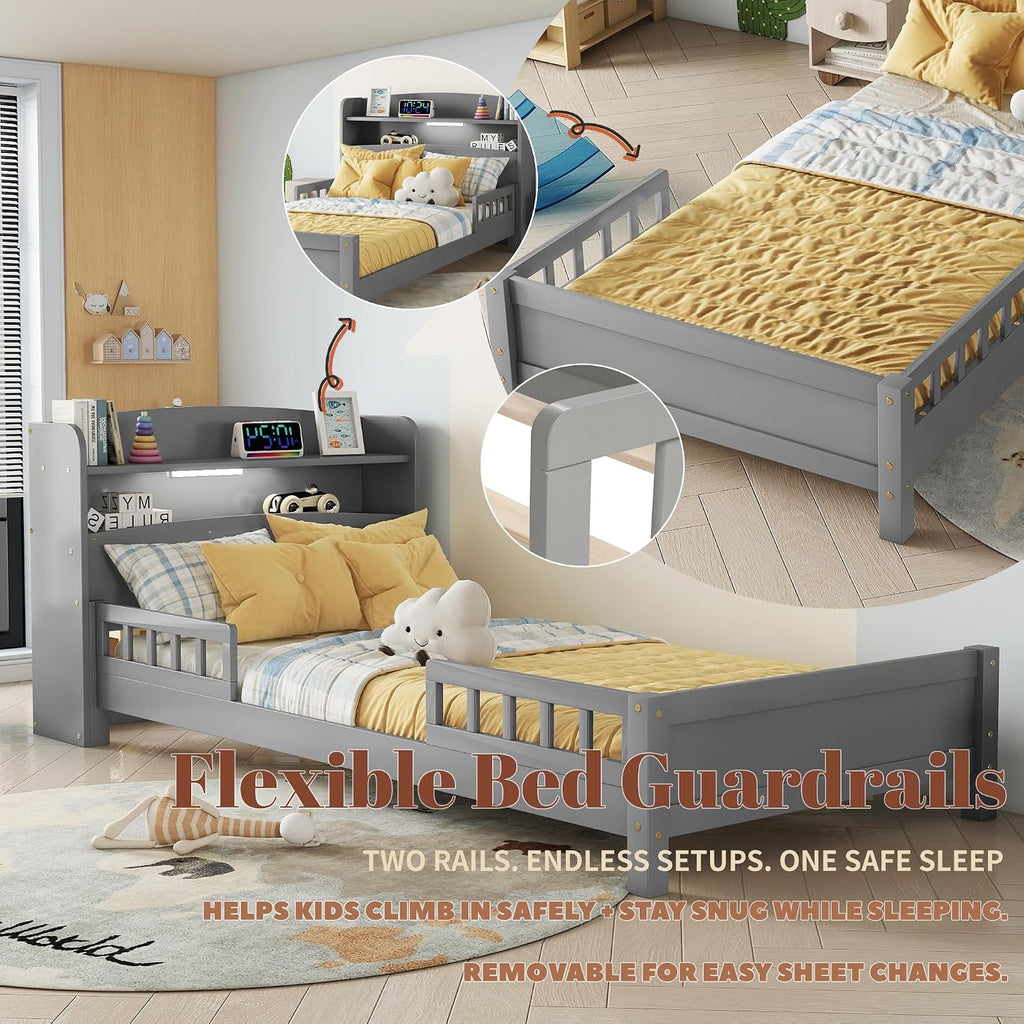 Twin Bed Frames for Kids with Storage Bookcase, Twin Kids Bed Frame with LED Motion Sensor Light & Guardrails, Kids Wood Twin Bed Frame, No Box Spring Needed, Grey