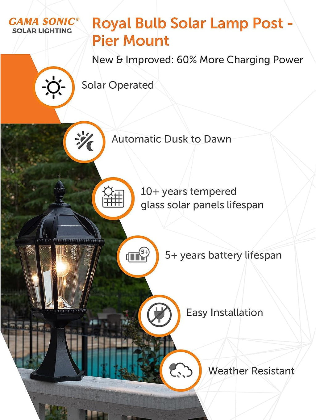Gama Sonic Outdoor Solar Post Light with Pier Base, Black Aluminum and Beveled Glass, Royal Bulb 150 Lumens Warm White LED, Mount on Column, Pillar, or Flat Exterior Surface (98B011) (Upgraded)