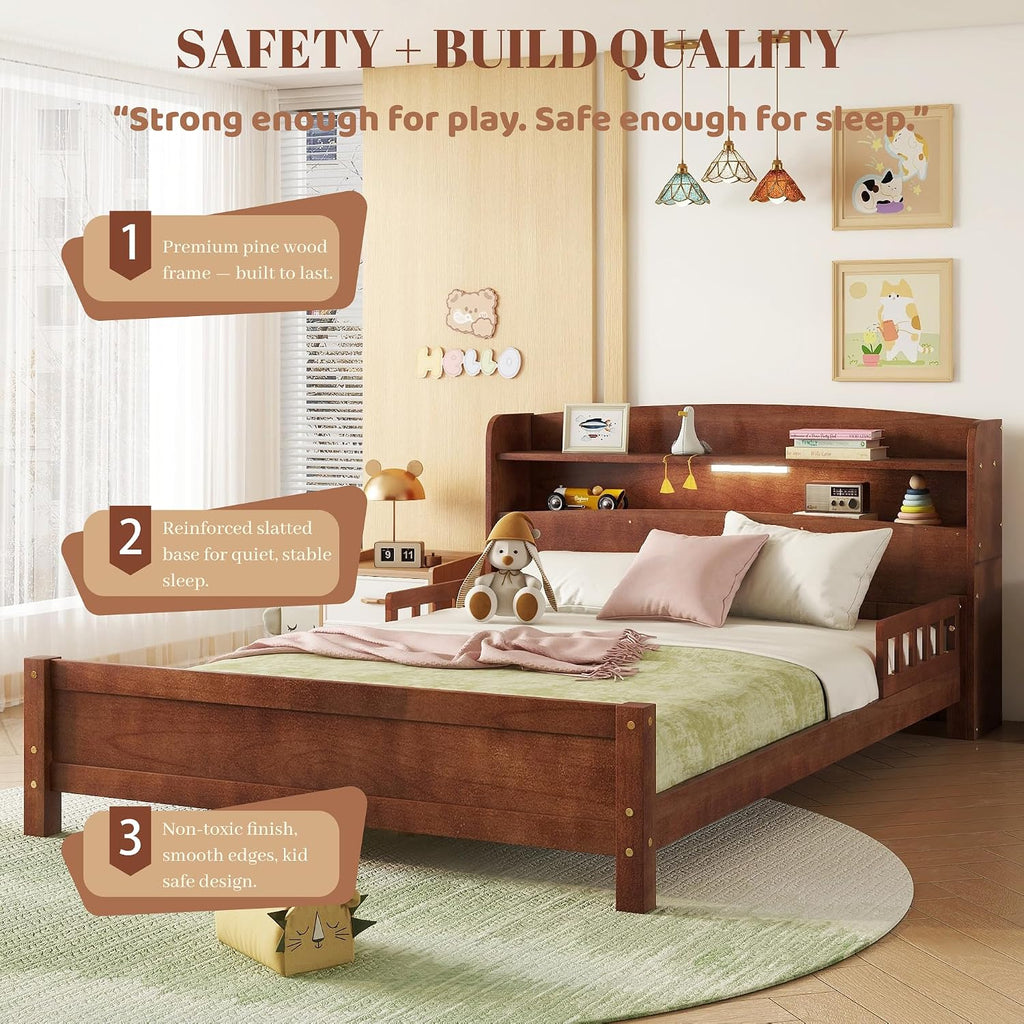 Full Size Bed Frame Kids with LED Motion Sensor Light & Guardrails, Full Size Kids Bed with Storage Bookcase, No Box Spring Needed, Easy Assembly, Walnut