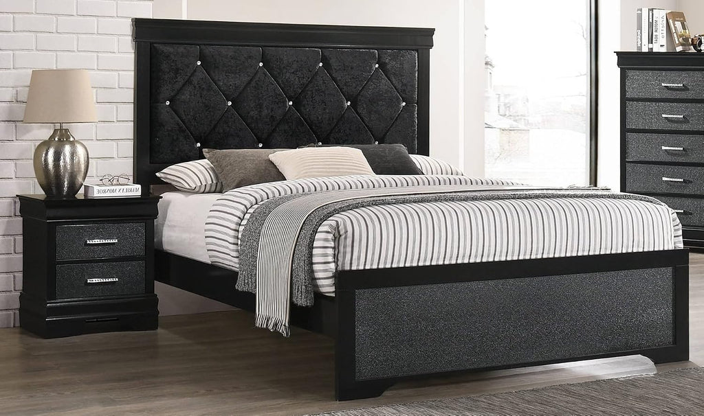 3Pc Black Finish Full Size Panel Upholstered Button Tufted Headboard Bed Nightstand Set Wooden Bedroom Furniture