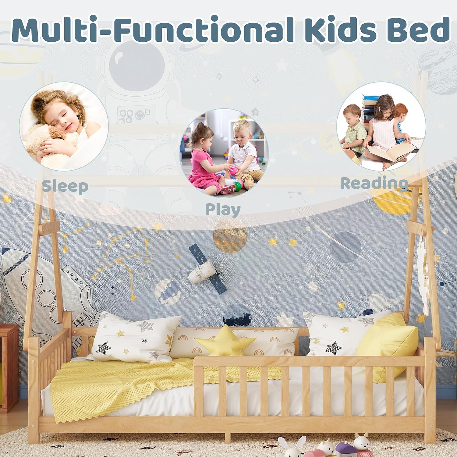 Twin Montessori Kids Floor Bed with Rails and LED Light, Low Twin Beds Frame with Fence and Removable Roof, Wood Montessori Floor Bed Frame for Kids, Girls, Boys, Natural