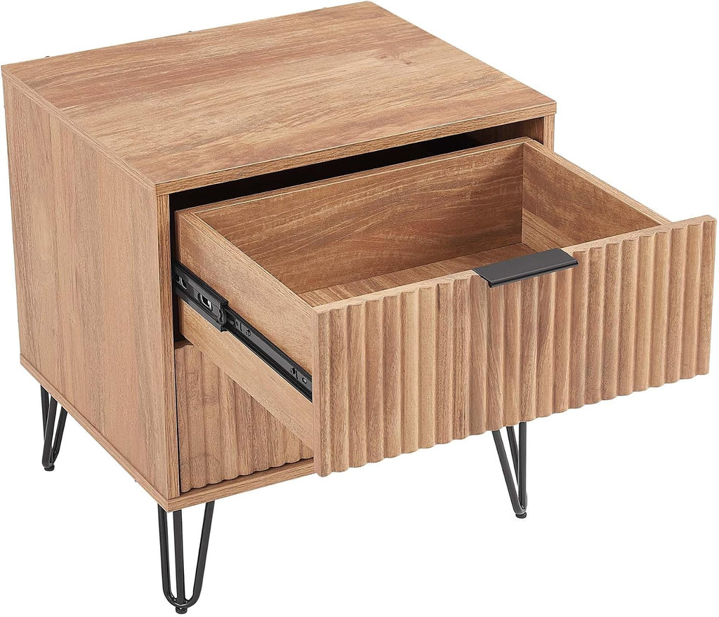 Manhattan Comfort Dumbo Modern 5-Drawer Tall Dresser and Nightstand 2.0 Set - Black Metal Accents - Vertical Ribbed Design - No Tool Assembly Storage for Bedroom & Living Room, Golden Brown
