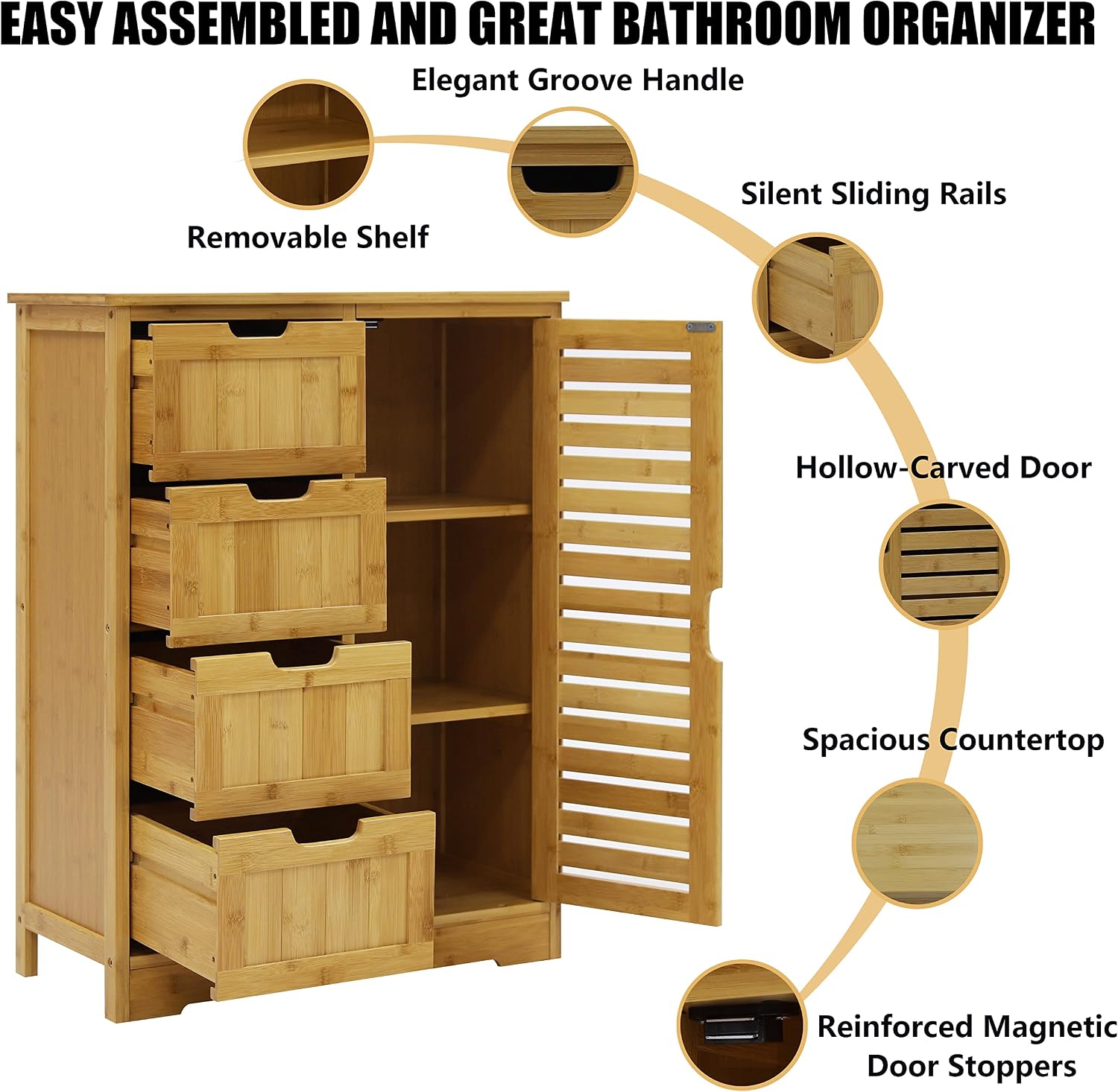 Yardenaler Bamboo Bathroom Storage Cabinet with 4 Drawers & 2 Removable Shelves, Freestanding Storage Organizer Multifunctional for Living Room, Bathroom, Natural