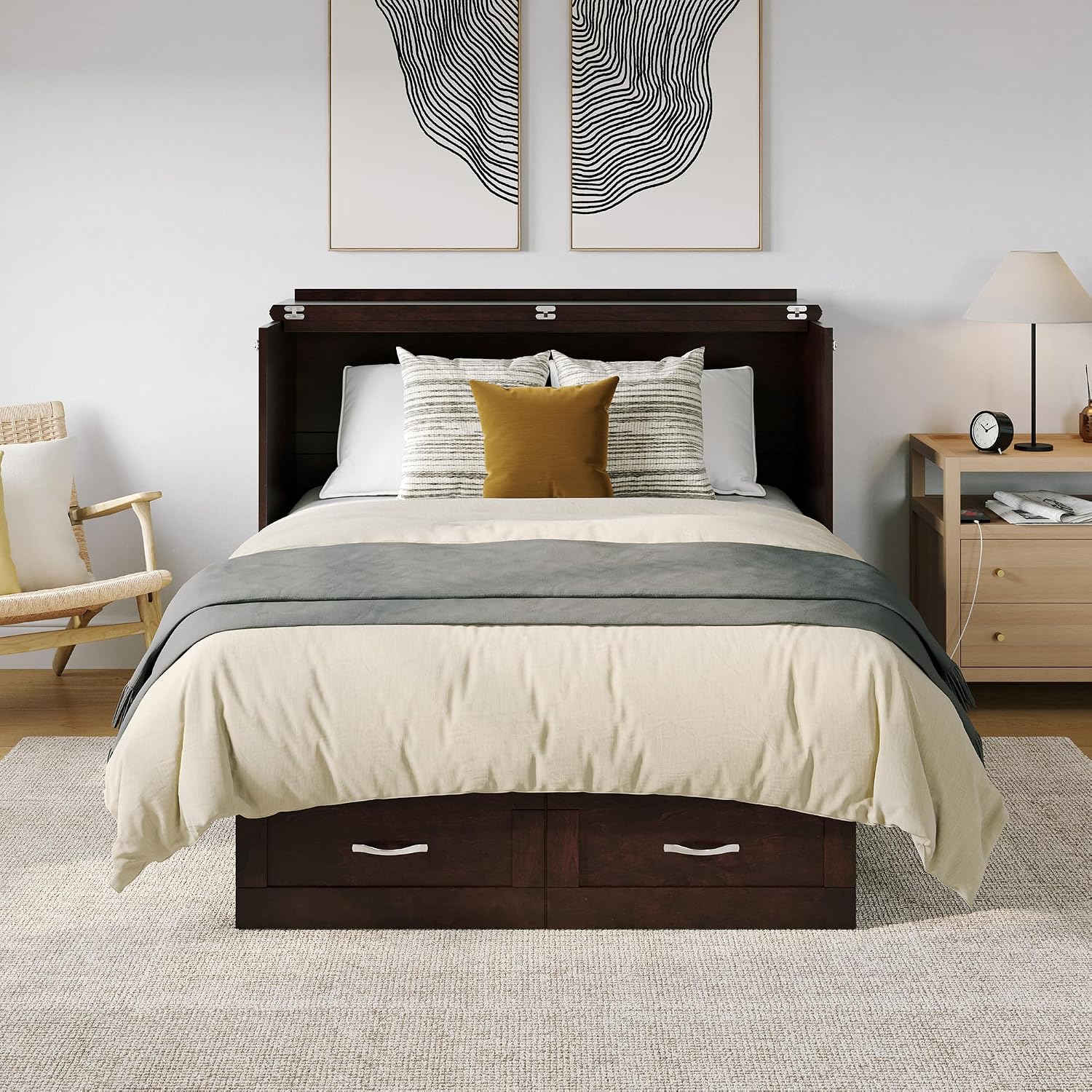 AFI, Monroe Full Murphy Bed Chest with 6' Mattress, Storage Drawer & Built-in USB Charger, Espresso