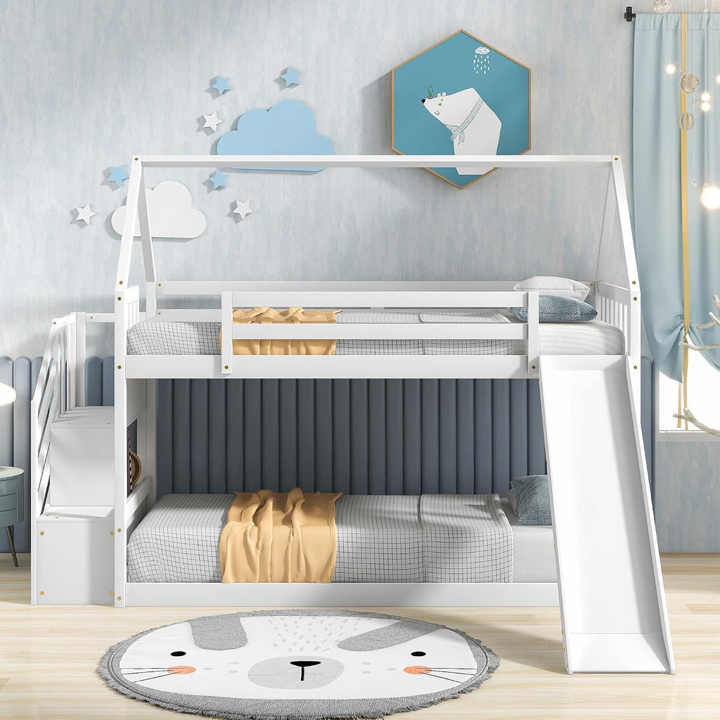 Twin Over Twin Bunk Bed with Slide for Kids Toddlers, House Bunk Bed Farm with Storage Steps and Roof Guardrail for Girls/Boys, No Spring Box Required (White-Storage Steps#2)