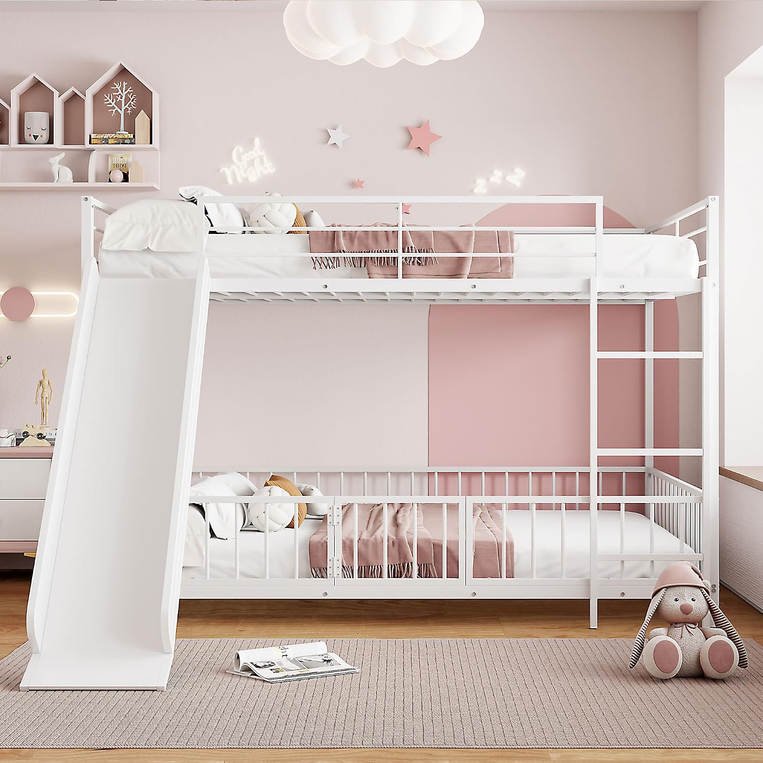 JIVOIT Metal Bunk Bed Frame with Slide and Ladder, Full Over Full Bunk Bed Size with Metal Slats Support, Full-Length Guardrail, Heavy Duty Metal Low Bunk Bed, No Box Spring Needed (White,Full,09)