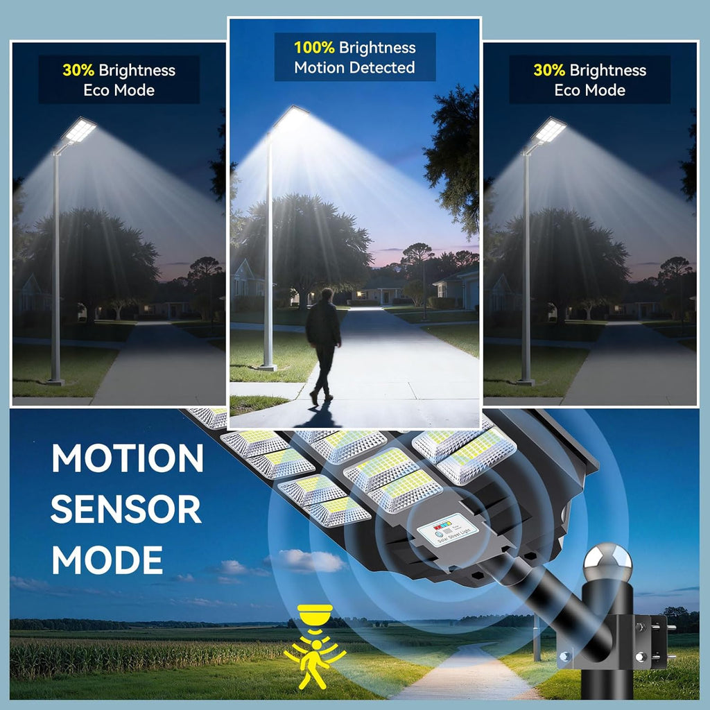 VOOJOY 8000W Solar Street Lights Outdoor Waterproof, Dusk to Dawn Solar Lights Outdoor with Motion Sensor and Remote Control for Yard, Parking Lot, Garage, Street, 4 Pack