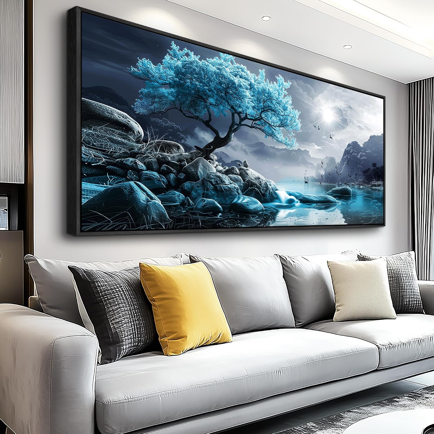 KELIYUAN Large Canvas Wall Decor Bedroom Blue Tree Landscape Wall Paintings Wall Art For Living Room Black And White Pictures Office Mural Framed Prints Artwork Modern Home Decor Aesthetics 32'X72'