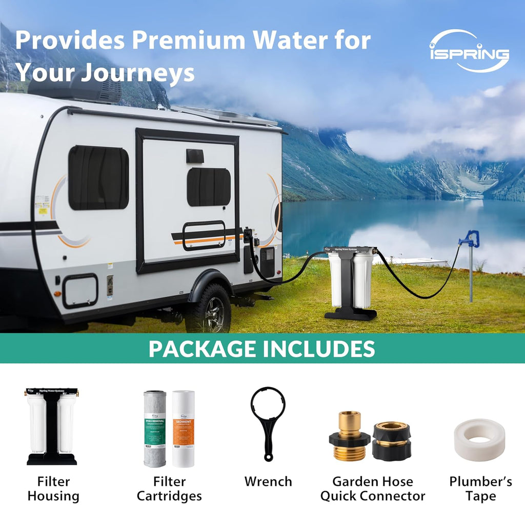 iSpring CW21-PF 2-Stage RV Water Filtration System, SGS-Tested PFAS Removal, High-Capacity Tankless Design, Durable 3/4' Lead-Free Brass Connectors for RV Campers