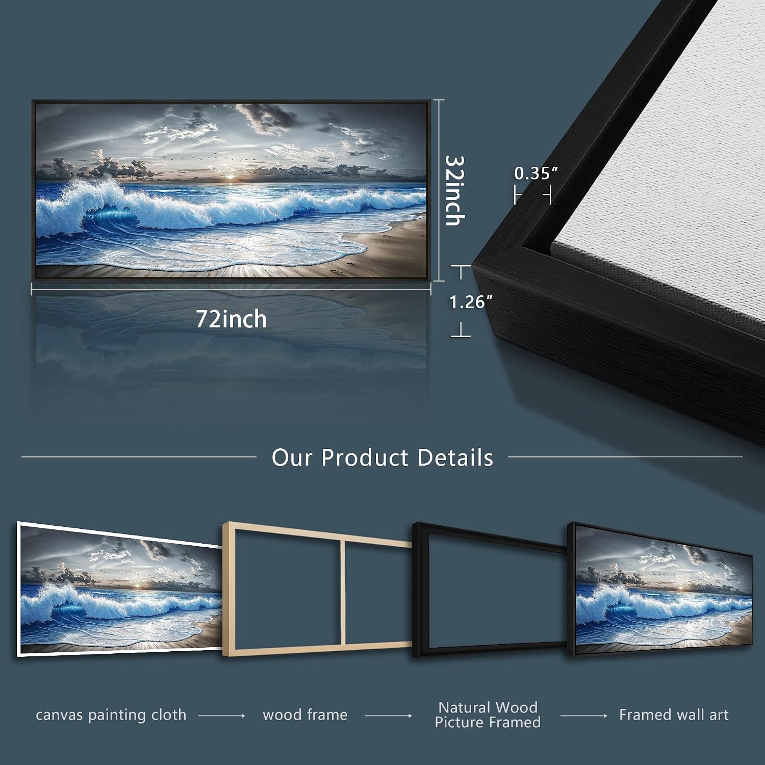PHAOHUAXM Large Canvas Modern Black White Printed Artworks Wall Decor For Living Room Wall Art For Bedroom Office Dining room Blue Ocean Wave Painting Wall Pictures Home Decor 32'X72' Black Frame
