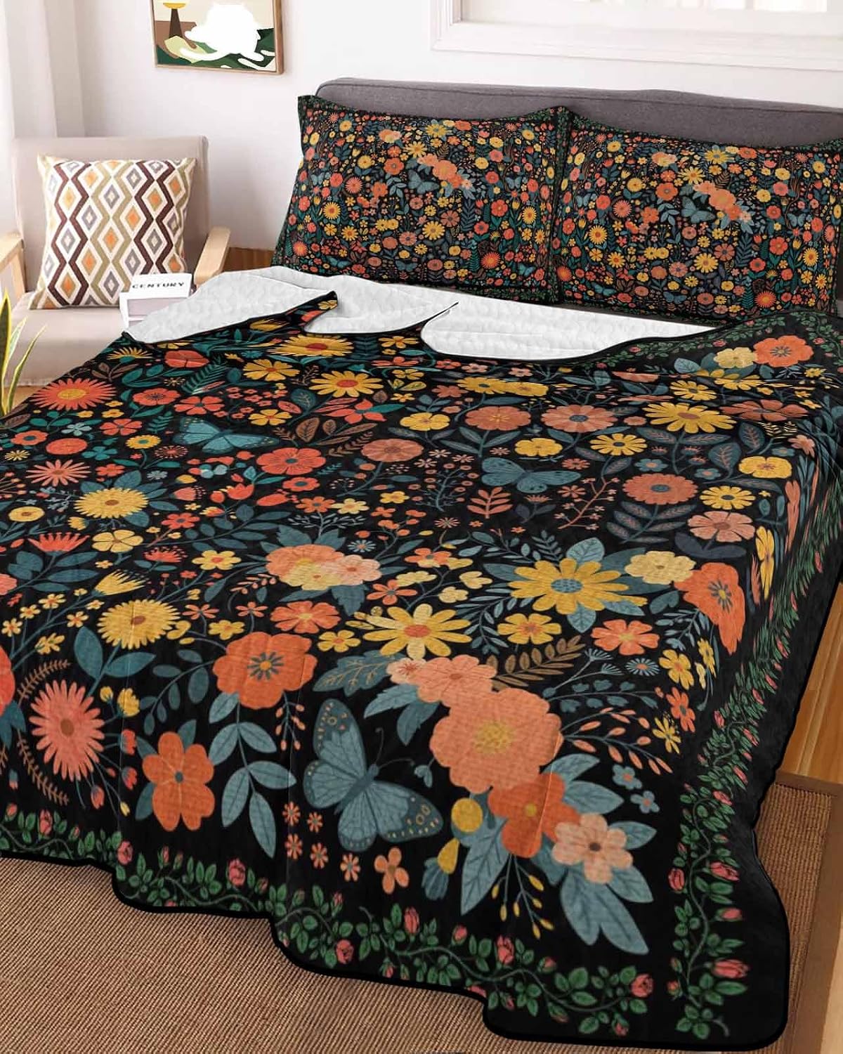 Quilt King Size Bedding Set, Boho Black Flowers Lightweight Summer Quilt 3 Pieces Bedding Sets, Spring Abstract Watercolor Floral Leaf Reversible Soft Bedspreads Coverlets with 2 Pillow Shams