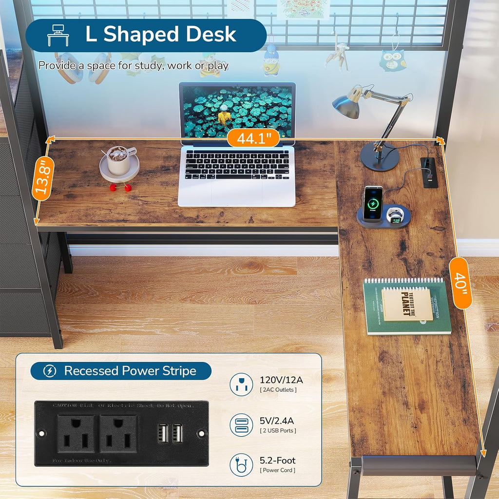 Twin Loft Bed with L-Shaped Desk, 7 Storage Drawers, Metal Loft Bed Twin Size with LED Lights and Charging Station, Storage Shelf and Pegboard, Safety Guardrail and Ladder, No Box Spring Needed, Black