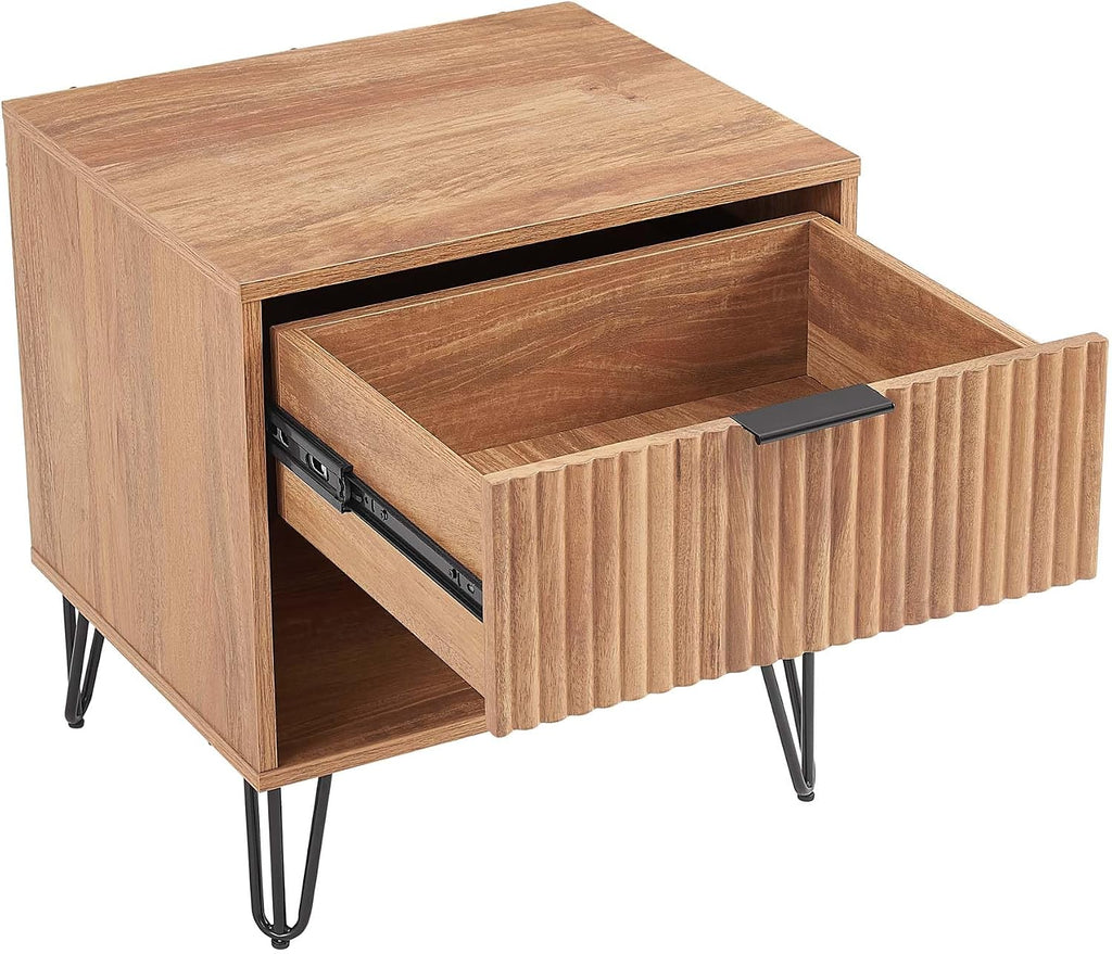 Manhattan Comfort Dumbo Fluted Nightstand with Drawer and Open Shelf, Gold Hairpin Legs and Metal Handle, Snap Tool-Free Assembly, Bedside Accent Table for Bedroom, Office, Living Room in Golden Brown