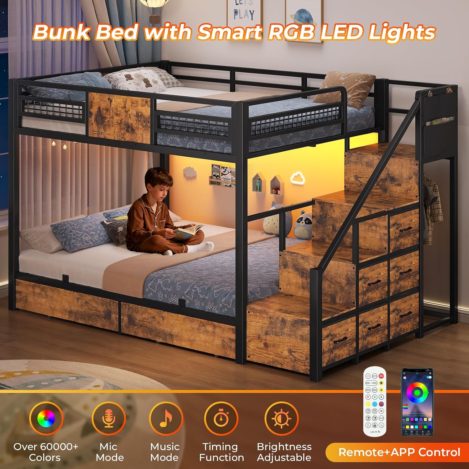 BTHFST Bunk Bed Full Over Full with Stairs, LED Lights Full Bunk Beds with 2 Storage Drawers & 6 Fabric Drawers, Metal Full Loft Beds with Safety Guardrail & Stairs, Space Saving, Rustic Brown