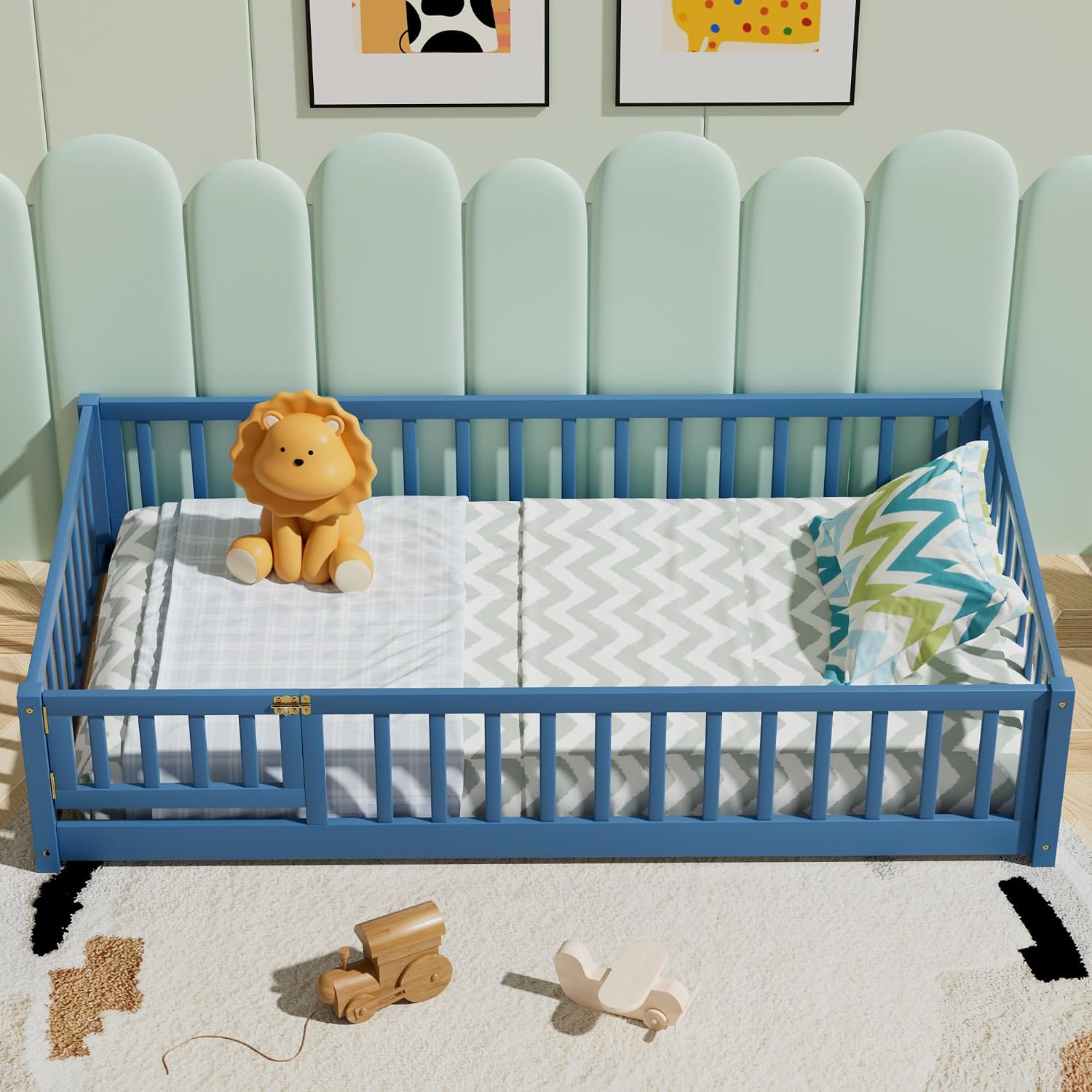 i-POOK Twin Floor Bed Frame with Wood Slats, High Fence & Small Door, Pinewood Montessori Floor Bed for Girls and Boys, Mist Blue