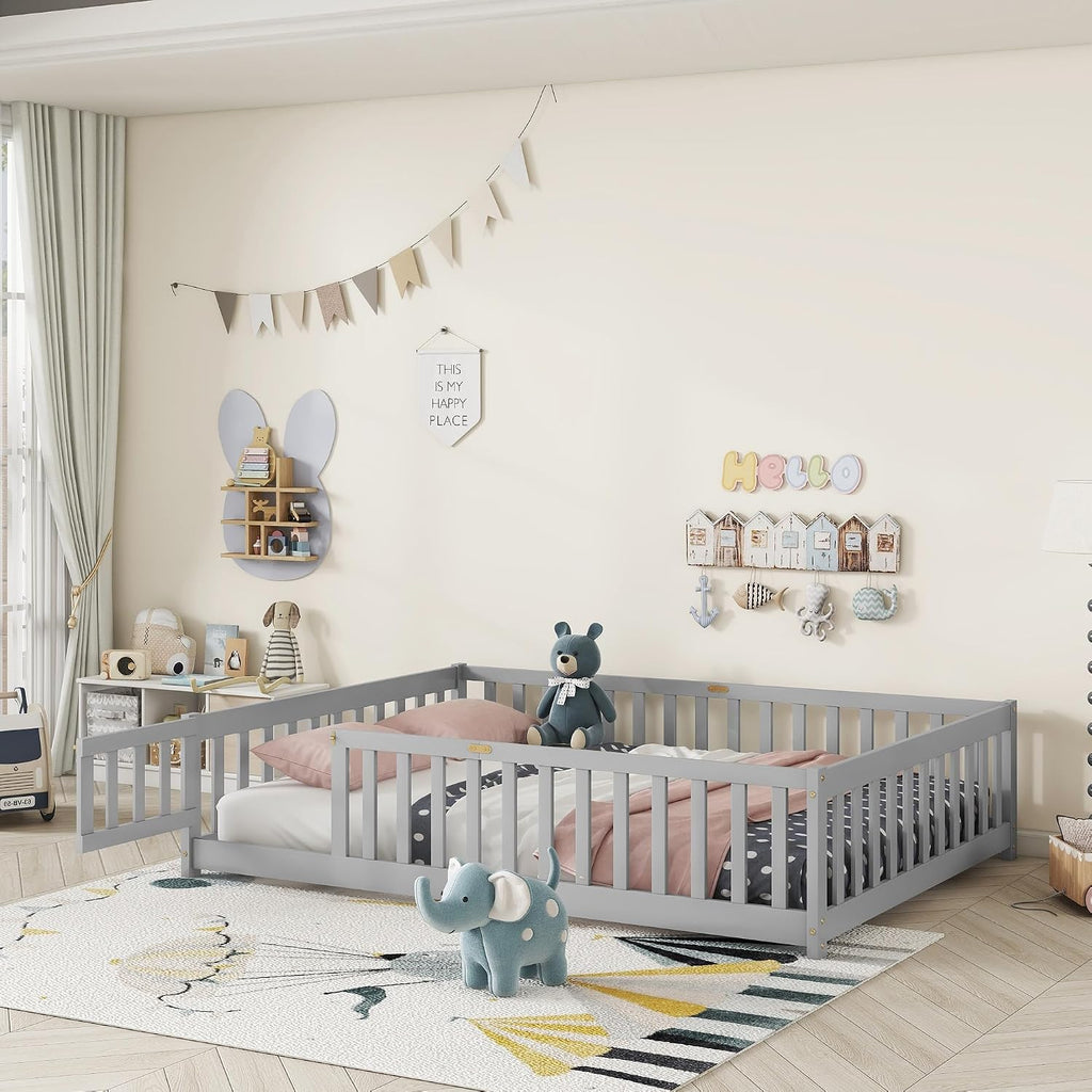 Full Size Floor Bed for Kids, Wooden Montessori Bed Frame with Door, Montessori Floor Bed with Rails for Boys and Girls, No Box Spring Needed, Grey