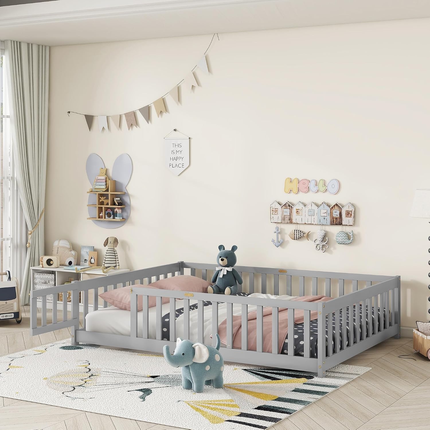 Full Size Floor Bed for Kids, Wooden Montessori Bed Frame with Door, Montessori Floor Bed with Rails for Boys and Girls, No Box Spring Needed, Grey