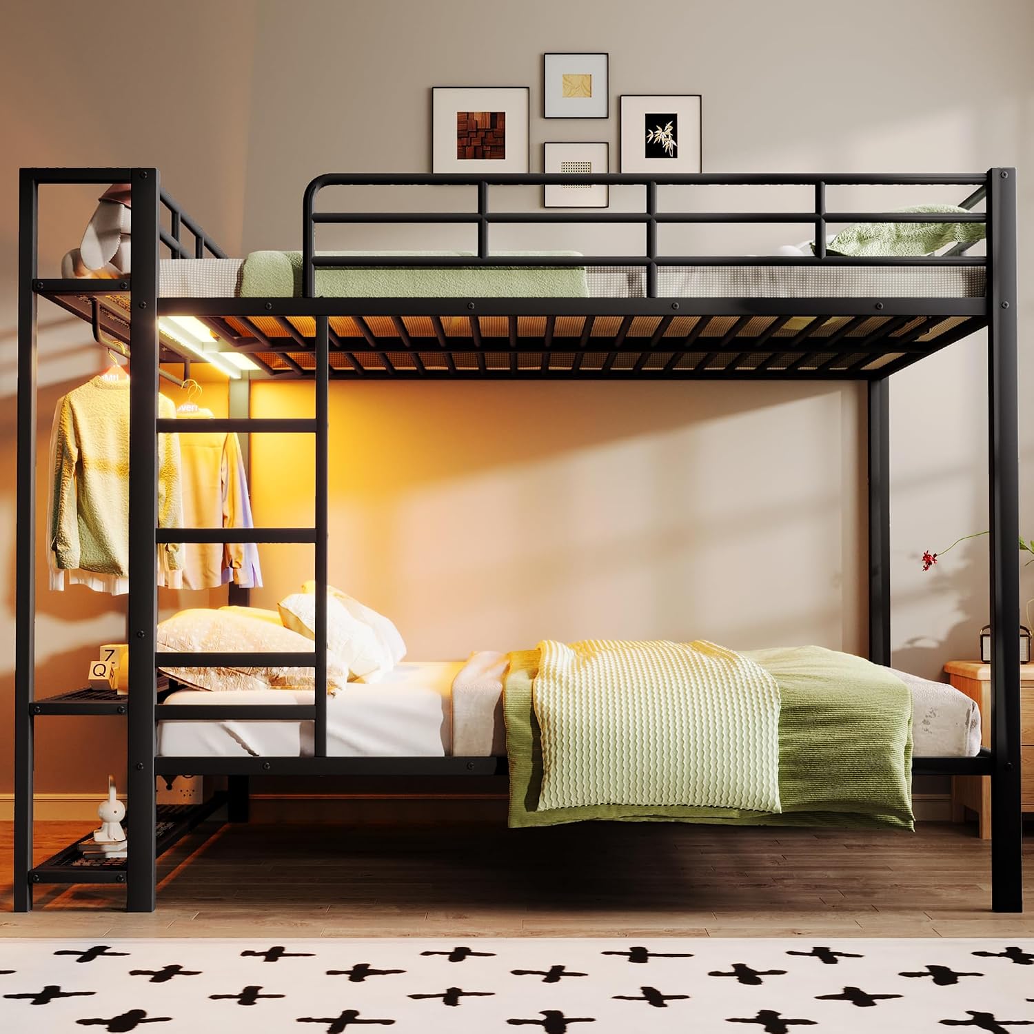 JIVOIT Metal Bunk Bed with Storage Mesh Shelves and Clothes Hooks, Open Storage Shelves, Queen Size Bunk Bed with Full-Length Reinforced Guardrails for Teens and Adults, No Box Spring Needed