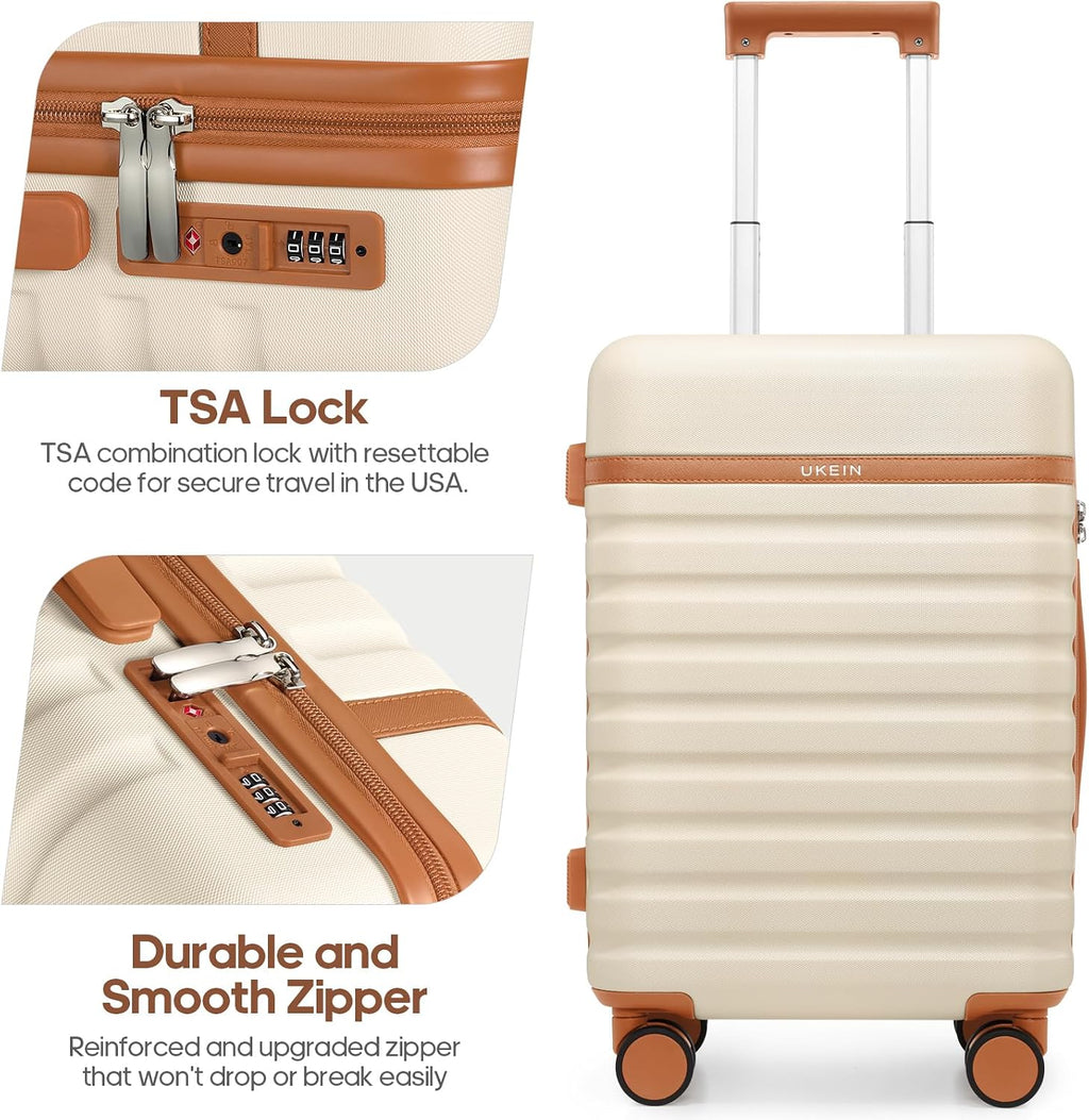 UKEIN Luggage Sets 3 Piece, PC Hardside Carry On Luggage 20 Inch With Spinner Wheels with TSA Lock, Carry On Suitcase Set With Travel Backpack for Men (Beige, 3 piece set (20/24/28inch))
