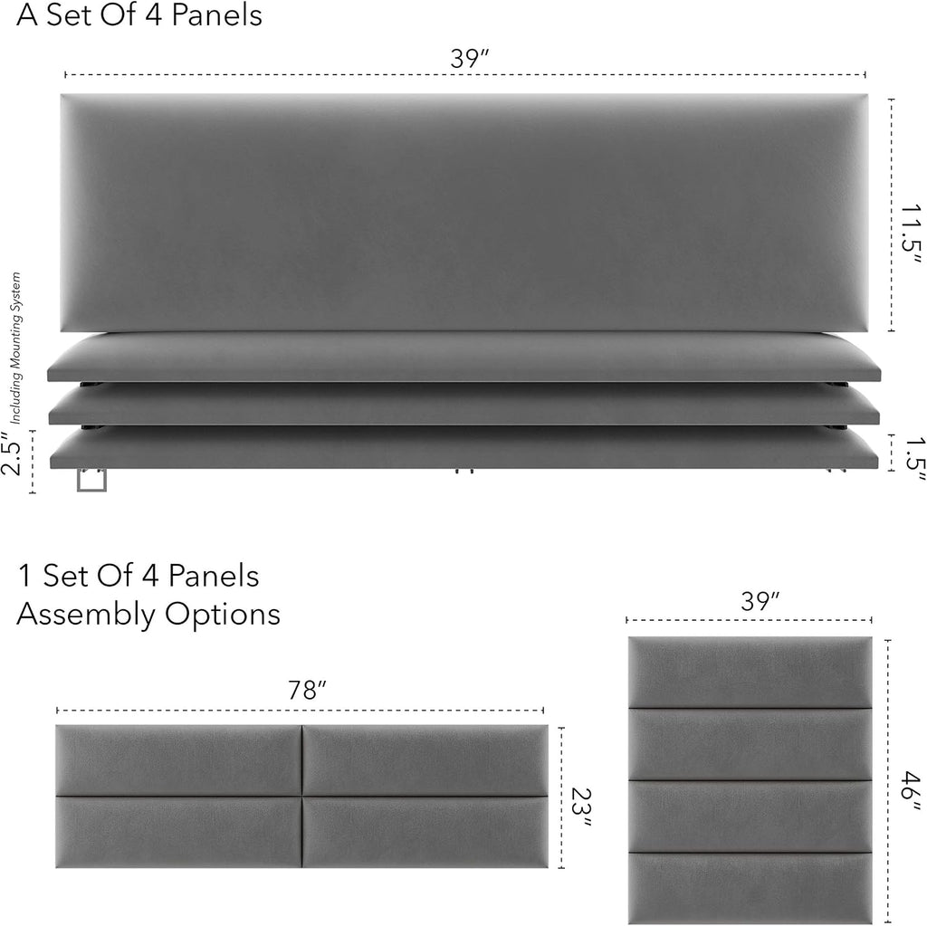 Vänt Upholstered Wall Panels - King/Cal King Size Wall Mounted Velvet Headboards - Velvet Smoke Grey - Twin/King - Set of 4 Panels (Each Individual Panel 39'x11.5')