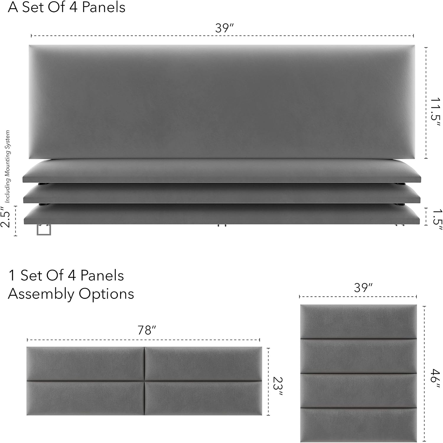 Vänt Upholstered Wall Panels - King/Cal King Size Wall Mounted Velvet Headboards - Velvet Smoke Grey - Twin/King - Set of 4 Panels (Each Individual Panel 39'x11.5')