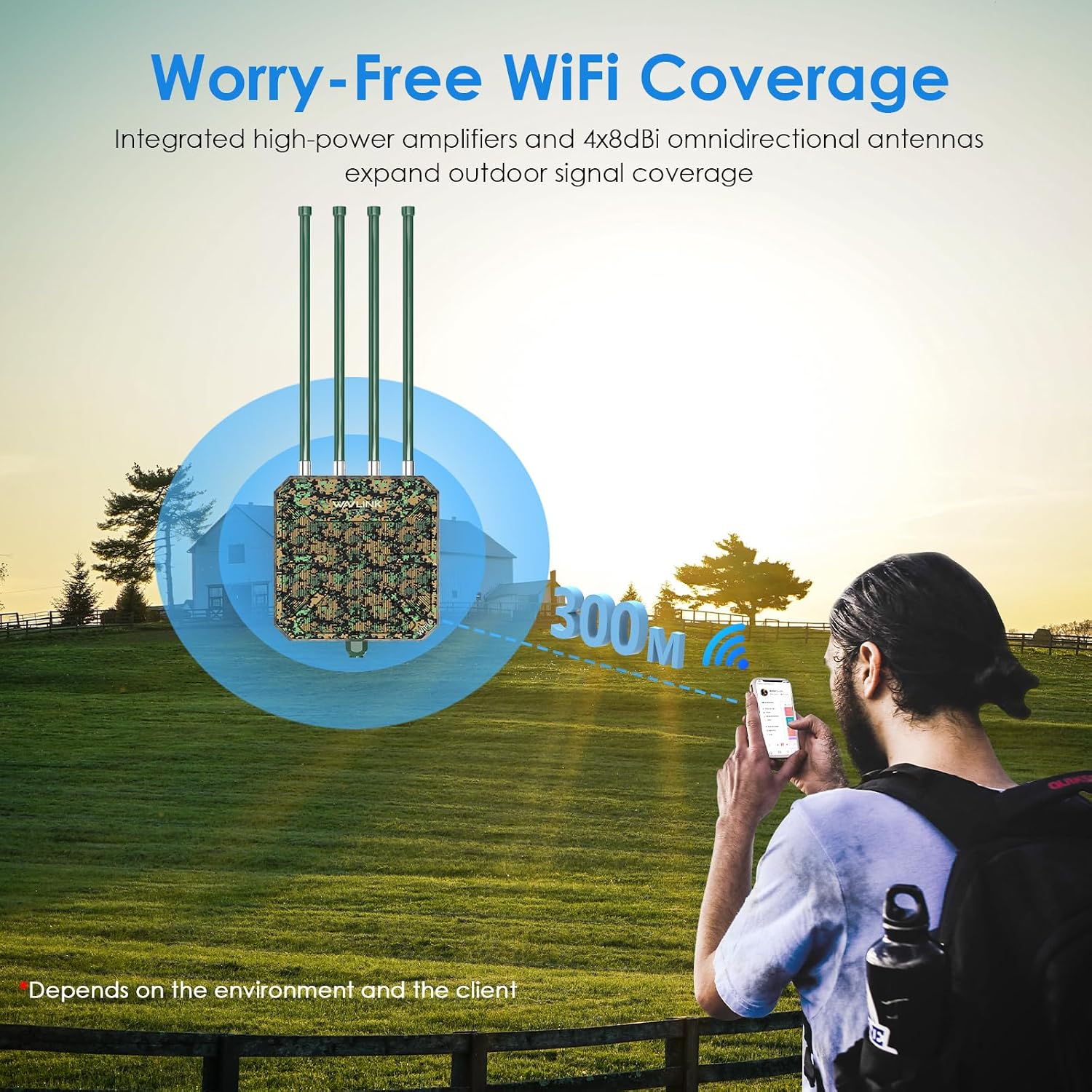 2026 AX1800 Outdoor WiFi 6 Extender Long Range, WAVLINK Outdoor WiFi Access Point with PoE, 4x8dBi High-Gain Antennas, IP67 Weatherproof, Support Up to 256 Devices for Farm, Yard, Patio, RV, Garage