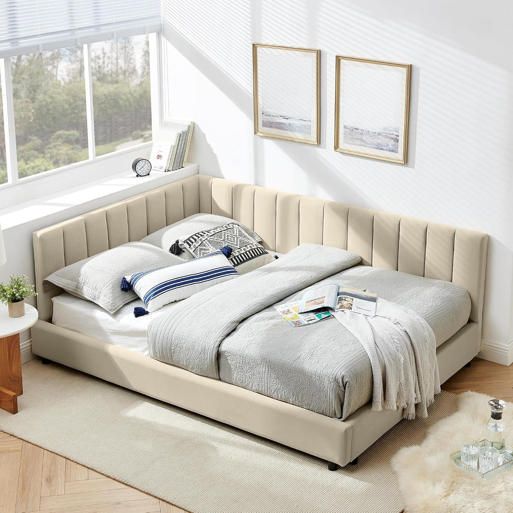 JIJIWANG Full Size L-Shape Corner Bed Frame, Velvet Upholstered Tufted Daybed with Comfortable Backrest and Armrests for Bedroom, Living Room,Beige