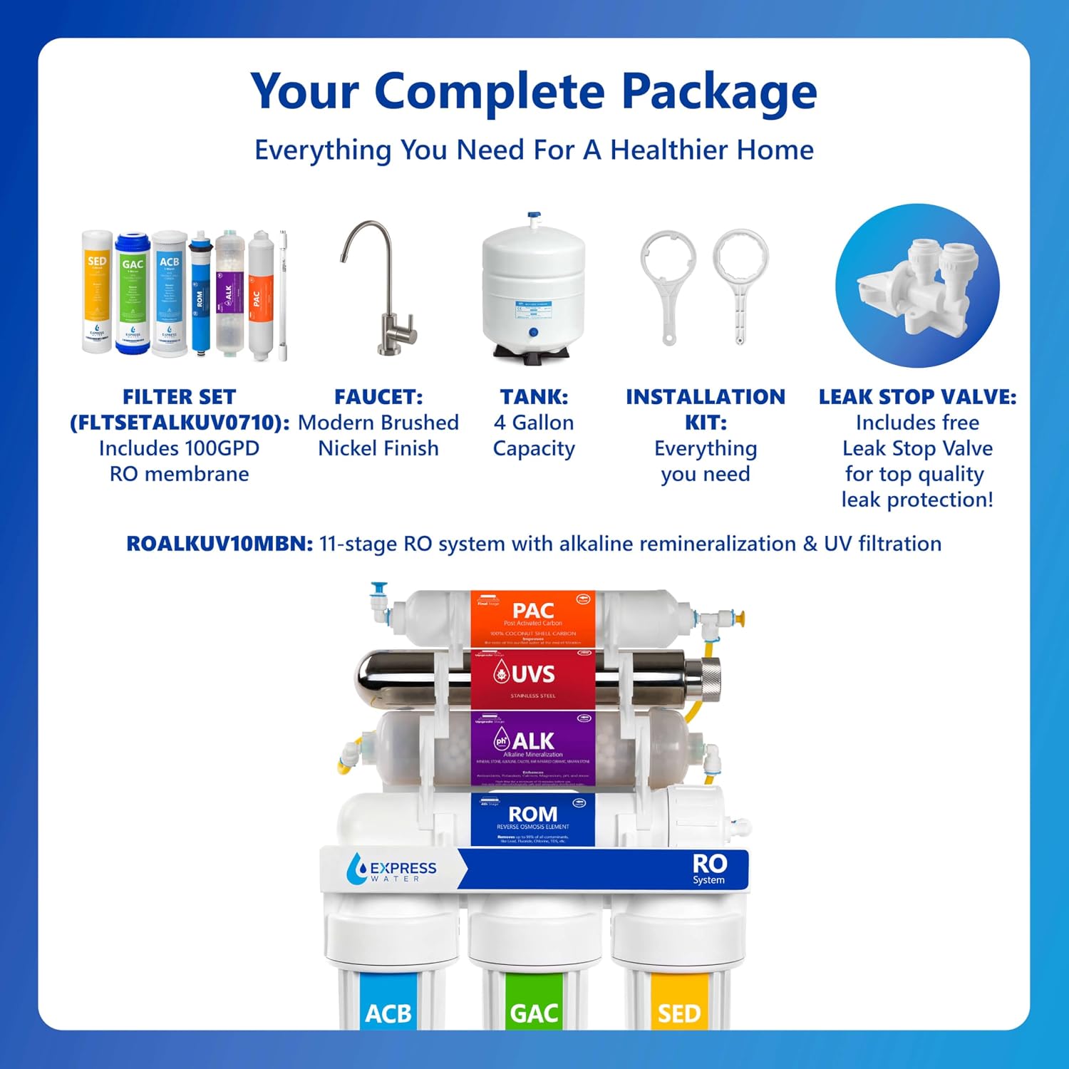 Express Water ROALKUV10MBN 11-Stage Alkaline Under Sink Reverse Osmosis Water Filter System, UV Filter, NSF Certified 372 & 58, 100 GPD, Brushed Nickel Faucet