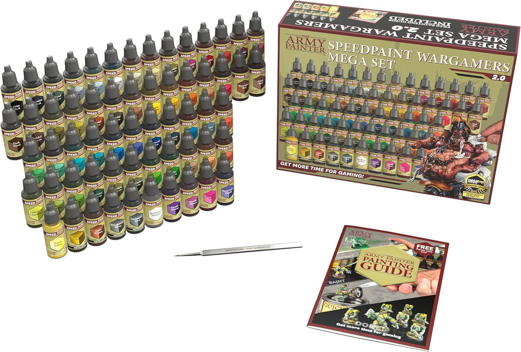 The Army Painter, Speedpaint Wargamers Mega Paint Set 2.0, 60 x 18ml Speedpaints, incl. 4 metallics, 1 Medium & 1 Free Brush for miniature and model painting