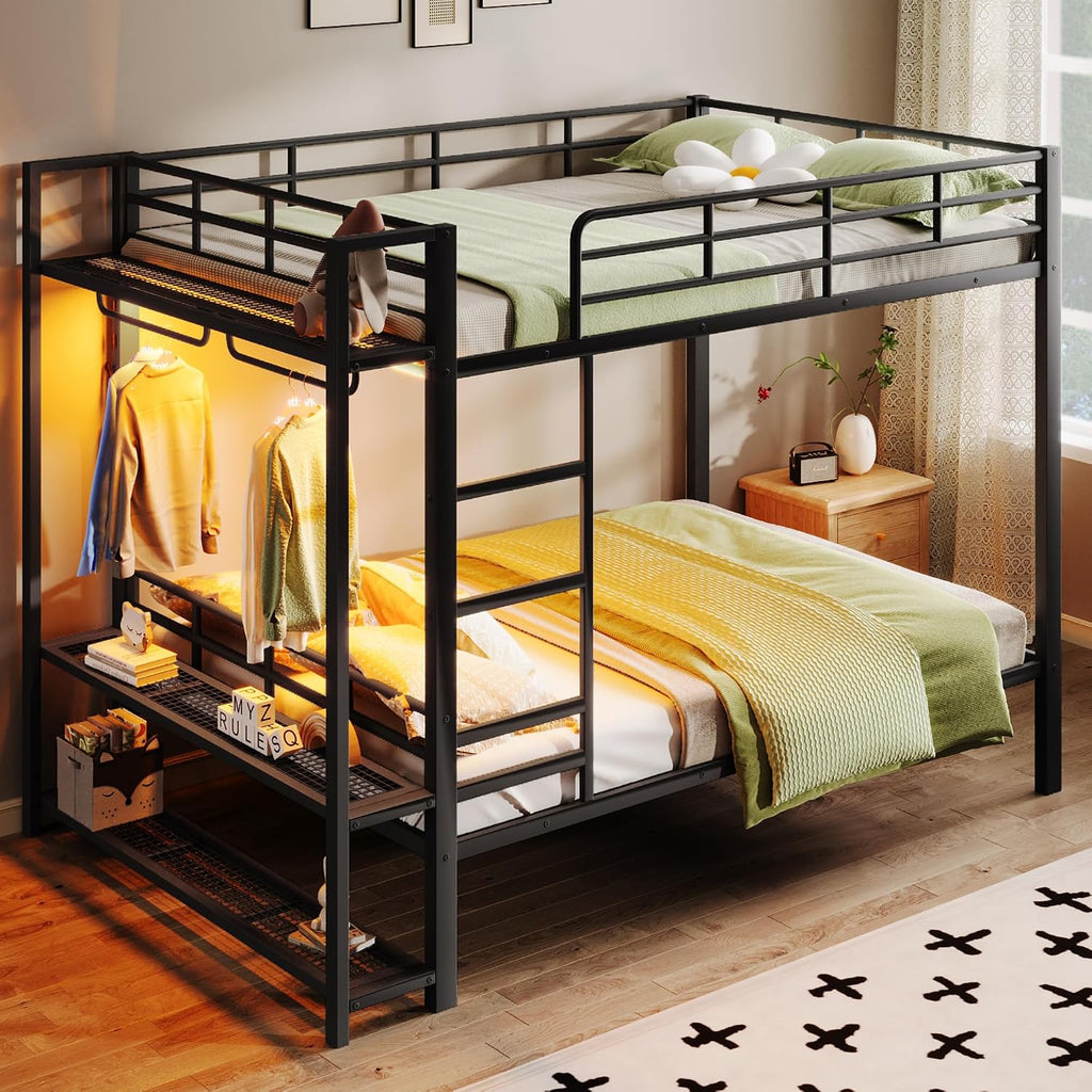 JIVOIT Metal Bunk Bed with Storage Mesh Shelves and Clothes Hooks, Open Storage Shelves, Queen Size Bunk Bed with Full-Length Reinforced Guardrails for Teens and Adults, No Box Spring Needed