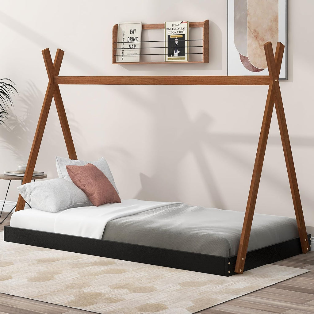 Twin Size Tent Floor Bed with Triangle Structure, Wood Floor Bed Frame, Twin Size Montessori Bed Playhouse House Platform Bed with X-Shaped Safety Railings for Kids Boys Girls (Black+Brown & Twin)