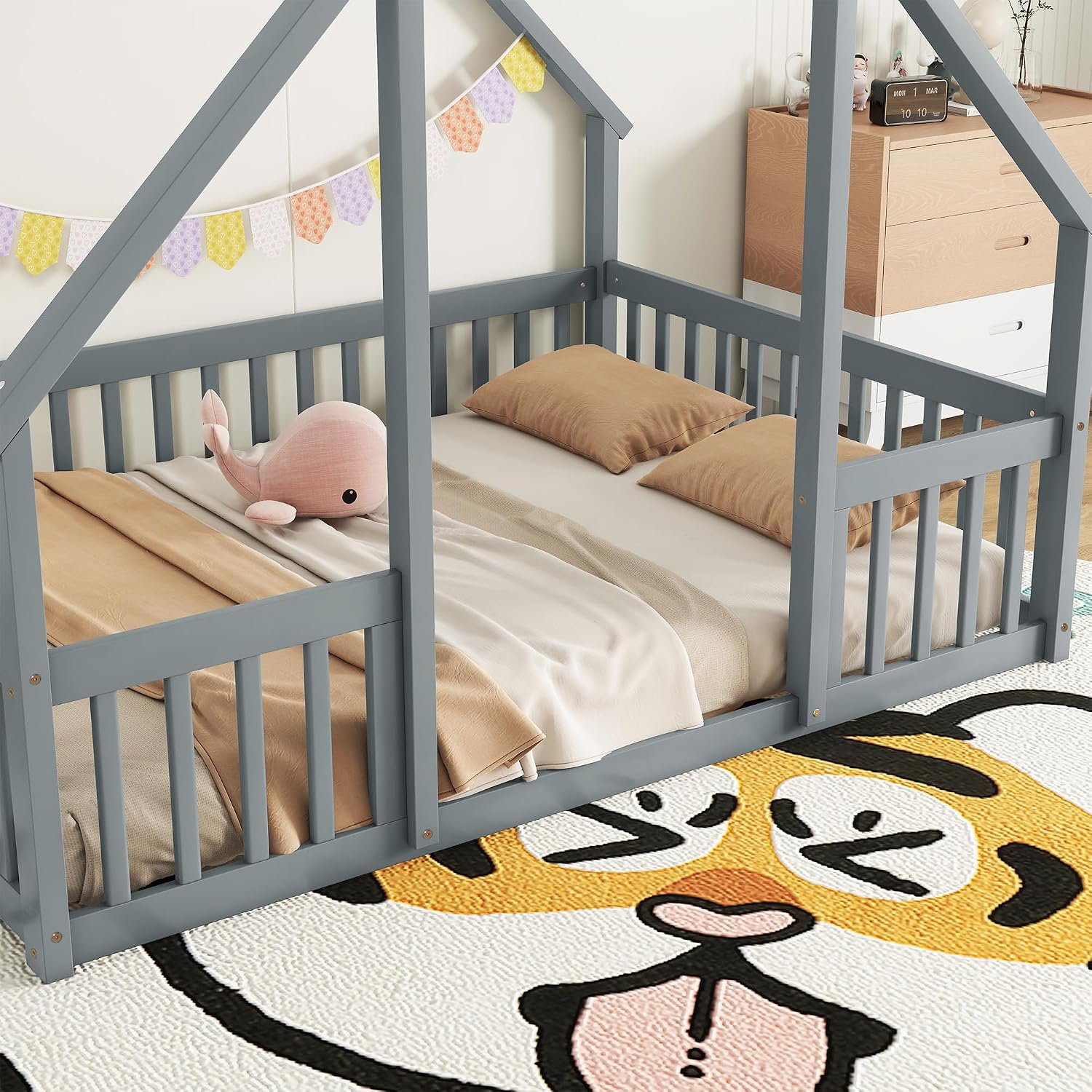 JIVOIT House Bed Full Size Floor Bed, Full Wood House-Shaped Floor Bed with Fence and Guardrails, Wood House Roof Frame, Montessori Floor Bed Frame (Grey-Full,129)