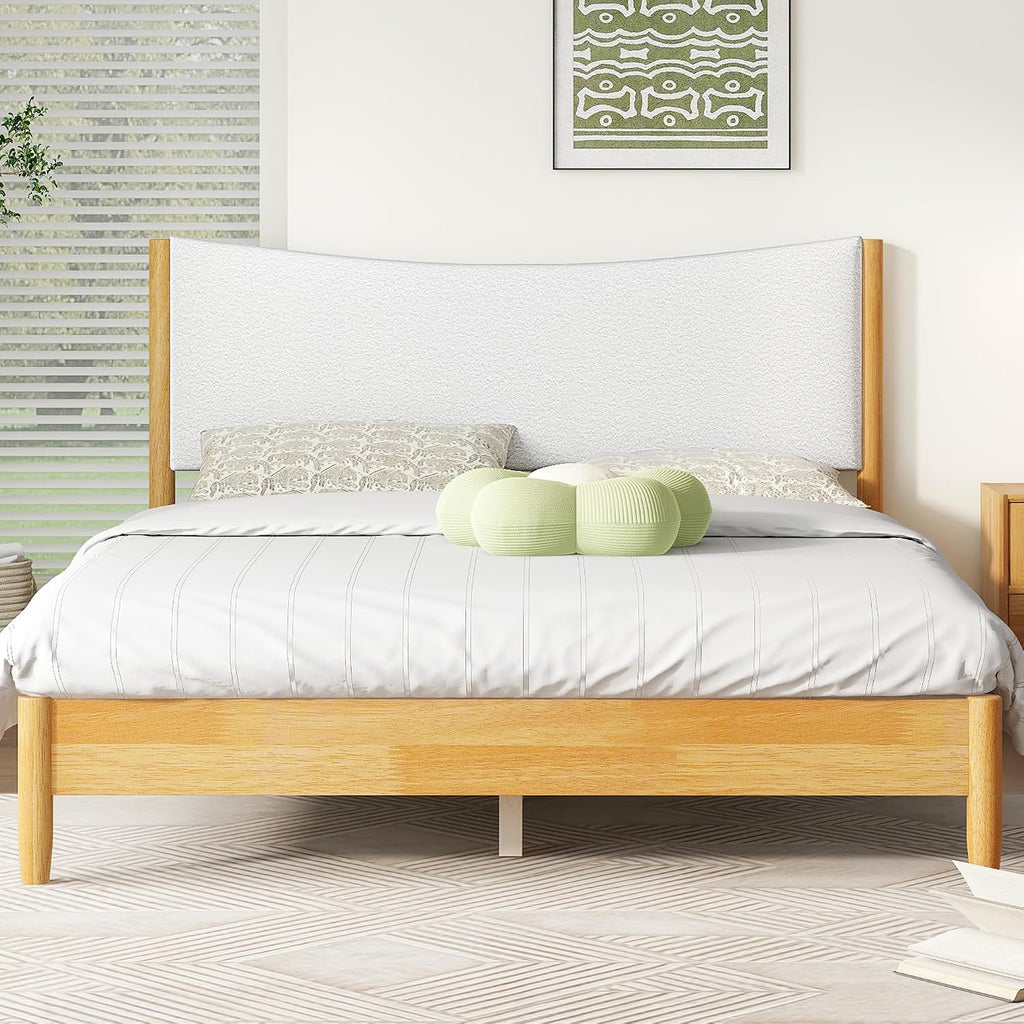 Queen Size Bed Frame with Storage, Solid Rubber Wood Platform Bed with Boucle Upholstered Headboard, Enhanced Support Feet for Stability, American Style Modern Bedroom Furniture