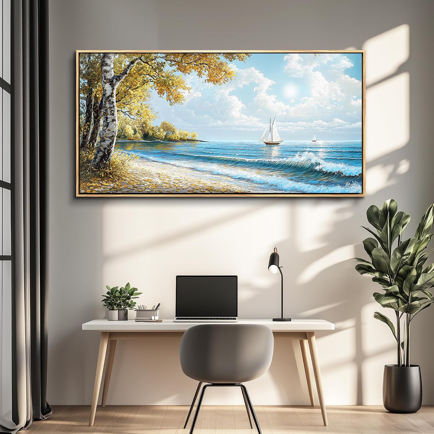 JUDASJART Wall Decor For Bedroom Large Wall Art For Living Room Office Decorations Blue Beach Sea Wave Paintings Ocean Seascape Wall Pictures Canvas Artwork Home Decor Ready To Hang Wood Framed