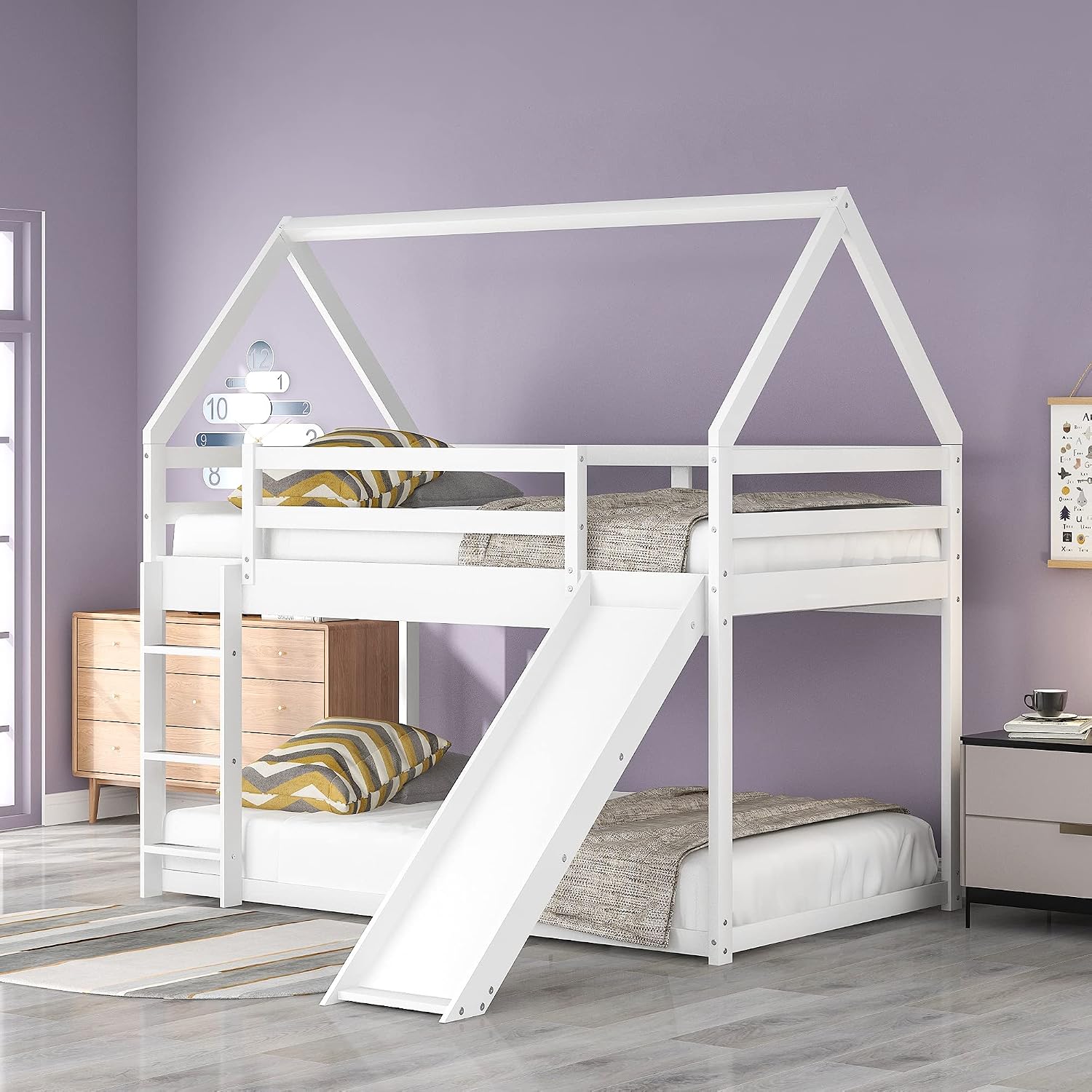 Bunk Bed for Kids Toddlers, Twin Over Twin House Shape Bunk Beds Frame with Slide, Can be Decorated Tent, Boys Girls Bedroom Dormitory Furniture (White-House Shape)